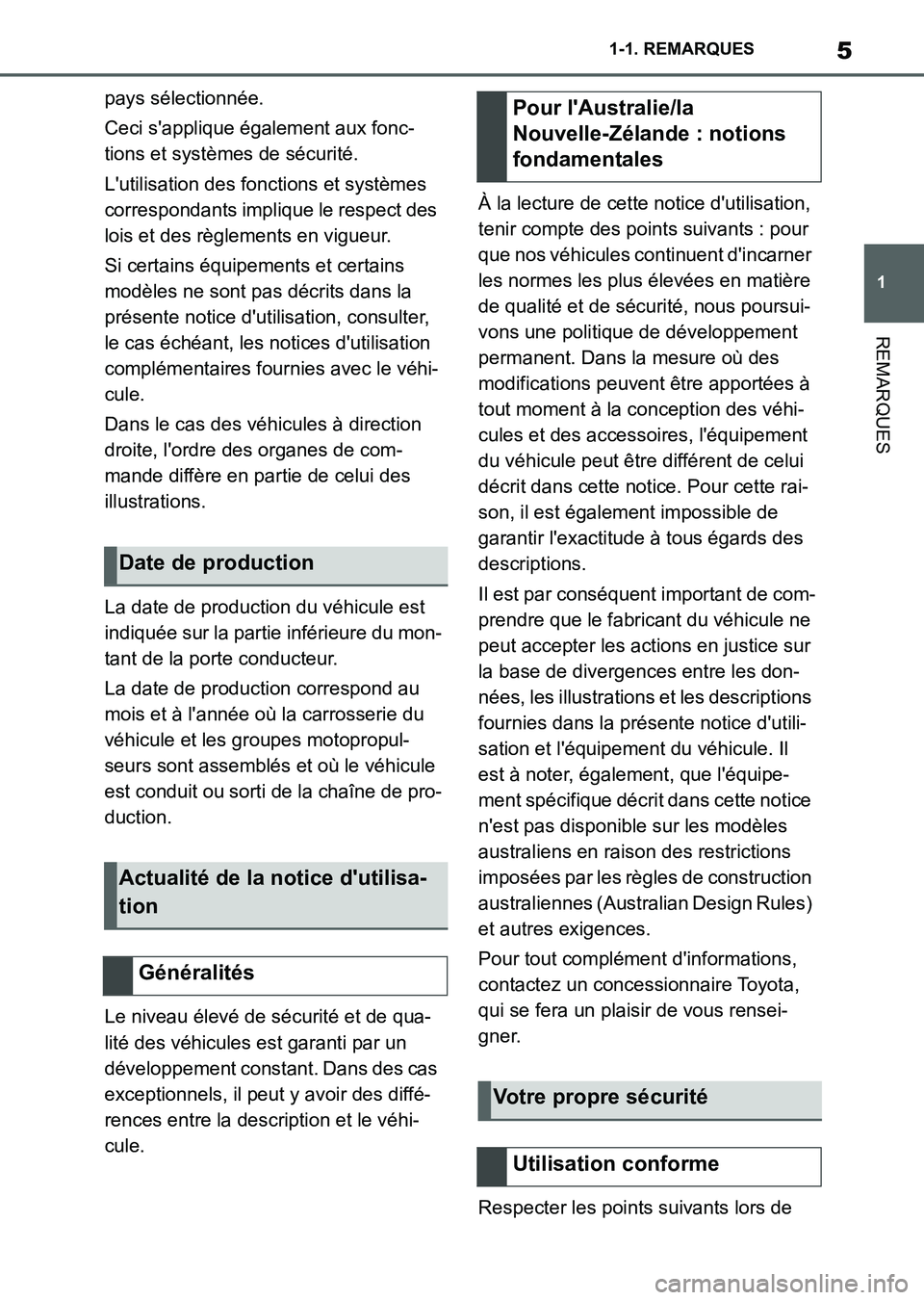 TOYOTA SUPRA 2023  Manuel du propriétaire (in French) 5
1 1-1. REMARQUES
REMARQUES
pays sélectionnée.
Ceci s'applique également aux fonc-
tions et systèmes de sécurité.
L'utilisation des fonctions et systèmes 
correspondants implique le re