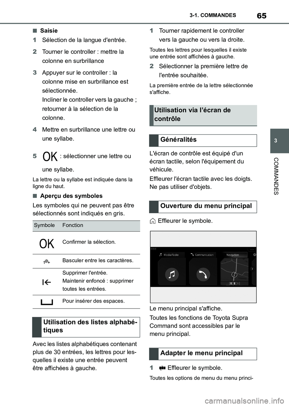 TOYOTA SUPRA 2023 Manuel du propriétaire (in French) 65
3 3-1. COMMANDES
COMMANDES
■Saisie
1Sélection de la langue d'entrée.
2Tourner le controller : mettre la
colonne en surbrillance
3Appuyer sur le controller : la
colonne mise en surbrillanc TOYOTA SUPRA 2023 Manuel du propriétaire (in French) 65
3 3-1. COMMANDES
COMMANDES
■Saisie
1Sélection de la langue d'entrée.
2Tourner le controller : mettre la
colonne en surbrillance
3Appuyer sur le controller : la
colonne mise en surbrillanc