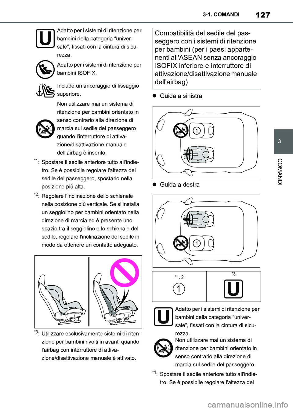 TOYOTA SUPRA 2023 Manuale duso (in Italian) 127
3 3-1. COMANDI
COMANDI*1: Spostare il sedile anteriore tutto allindie-
tro. Se è possibile regolare laltezza del
sedile del passeggero, spostarlo nella
posizione più alta.
*2: Regolare linc TOYOTA SUPRA 2023 Manuale duso (in Italian) 127
3 3-1. COMANDI
COMANDI*1: Spostare il sedile anteriore tutto allindie-
tro. Se è possibile regolare laltezza del
sedile del passeggero, spostarlo nella
posizione più alta.
*2: Regolare linc