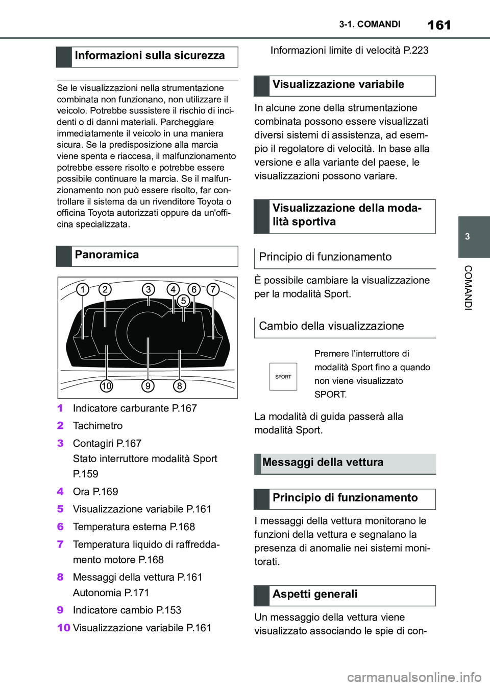 TOYOTA SUPRA 2023  Manuale duso (in Italian) 161
3 3-1. COMANDI
COMANDI
Se le visualizzazioni nella strumentazione 
combinata non funzionano, non utilizzare il 
veicolo. Potrebbe sussistere il rischio di inci-
denti o di danni materiali. Parcheg