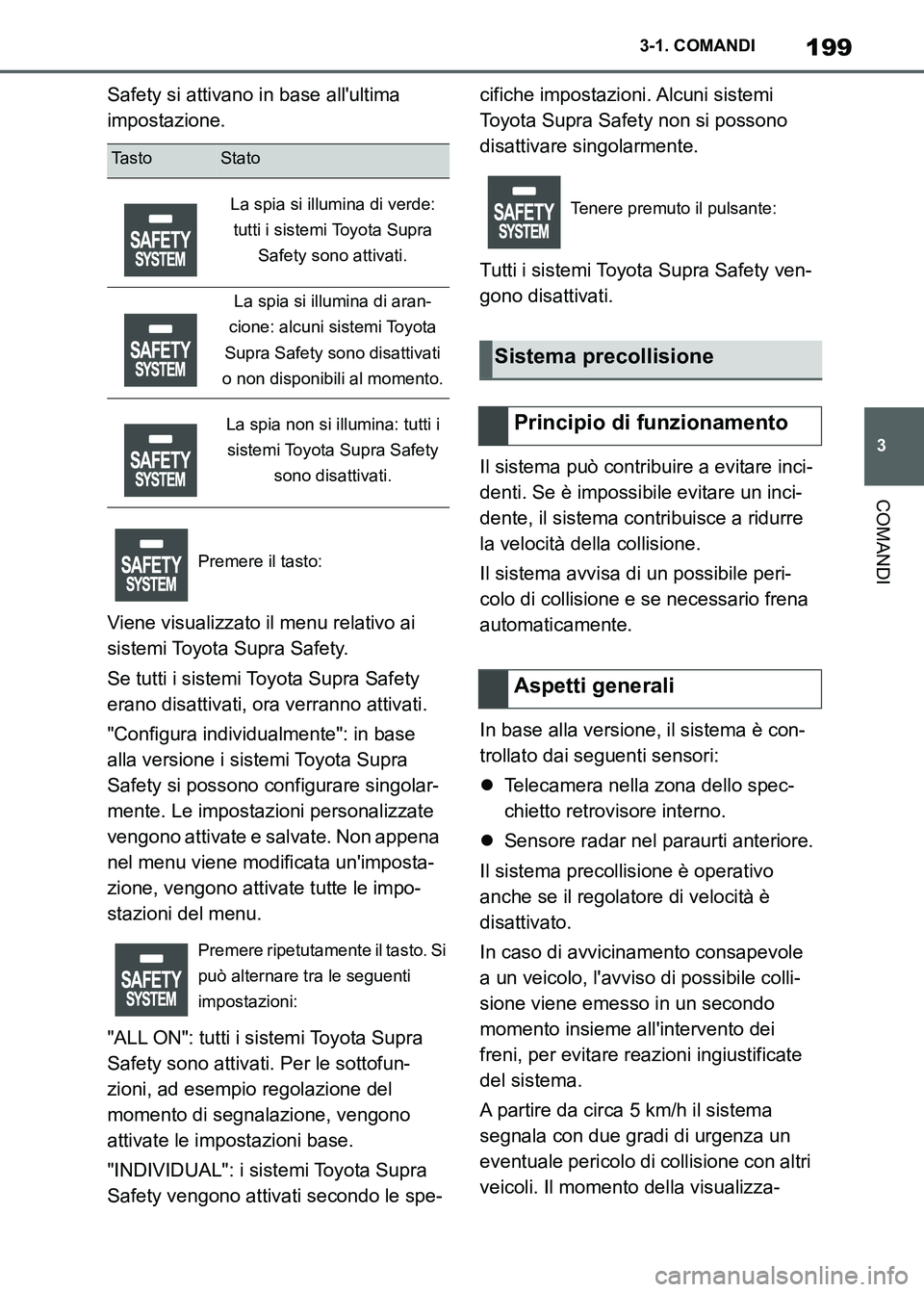 TOYOTA SUPRA 2023  Manuale duso (in Italian) 199
3 3-1. COMANDI
COMANDI
Safety si attivano in base allultima 
impostazione.
Viene visualizzato il menu relativo ai 
sistemi Toyota Supra Safety.
Se tutti i sistemi Toyota Supra Safety 
erano disat