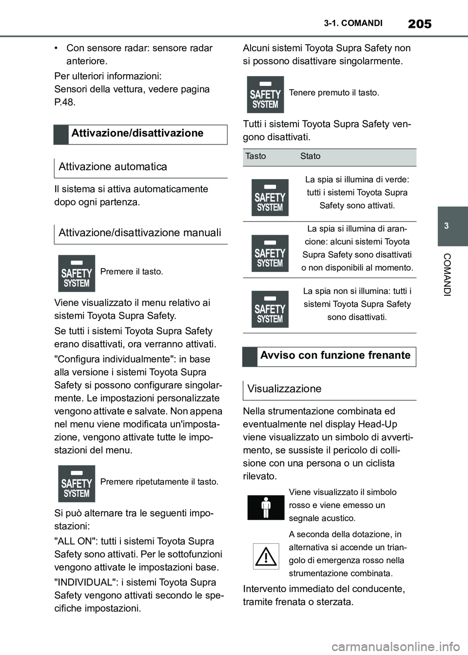 TOYOTA SUPRA 2023  Manuale duso (in Italian) 205
3 3-1. COMANDI
COMANDI
• Con sensore radar: sensore radar 
anteriore.
Per ulteriori informazioni:
Sensori della vettura, vedere pagina 
P.48.
Il sistema si attiva automaticamente 
dopo ogni part