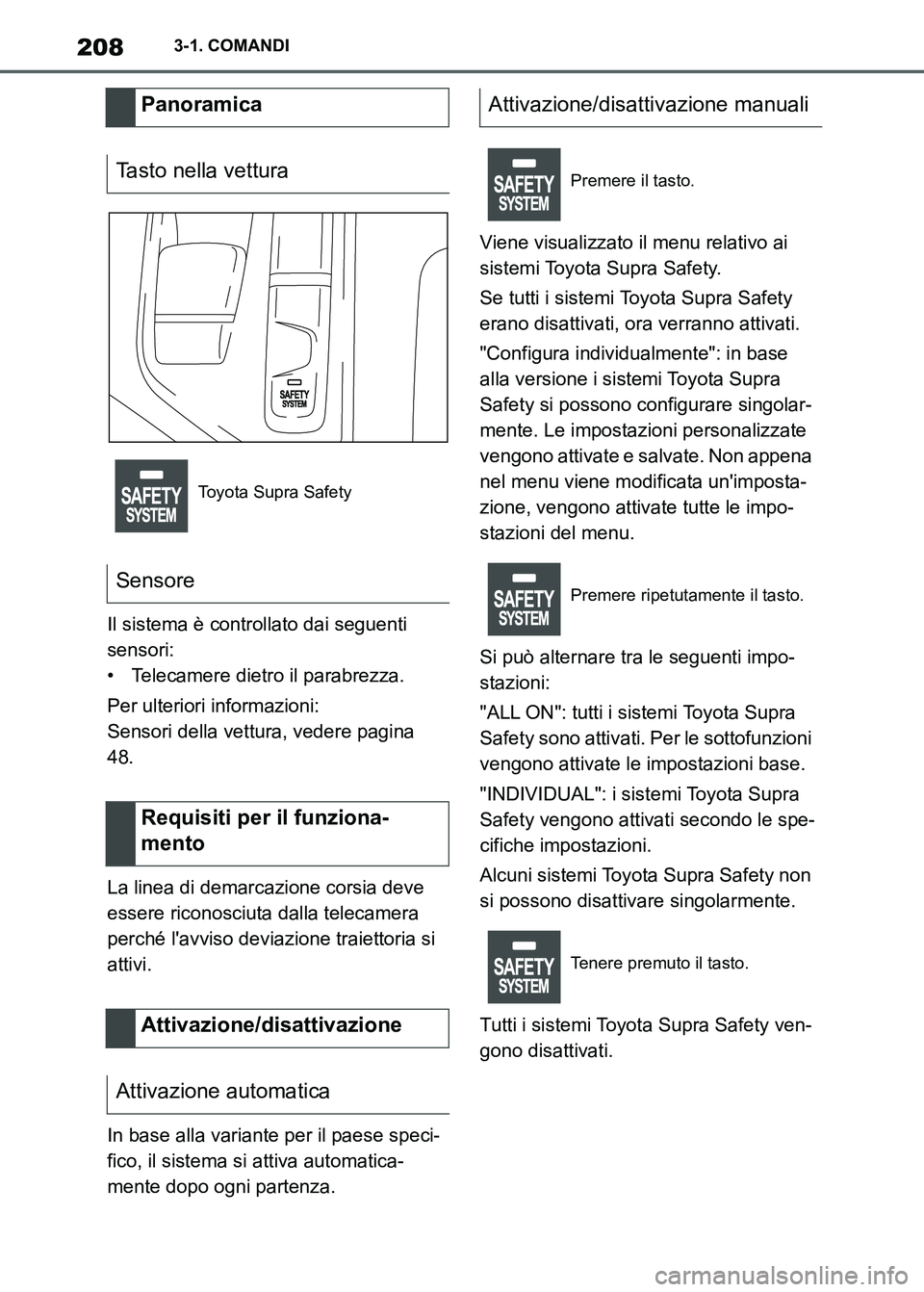 TOYOTA SUPRA 2023  Manuale duso (in Italian) 2083-1. COMANDI
Il sistema è controllato dai seguenti 
sensori:
• Telecamere dietro il parabrezza.
Per ulteriori informazioni:
Sensori della vettura, vedere pagina 
48.
La linea di demarcazione cor