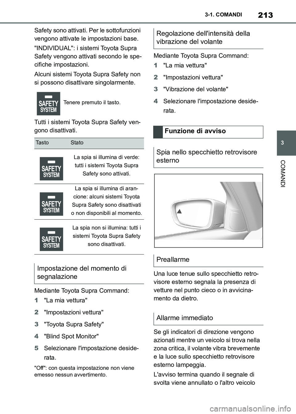 TOYOTA SUPRA 2023  Manuale duso (in Italian) 213
3 3-1. COMANDI
COMANDI
Safety sono attivati. Per le sottofunzioni 
vengono attivate le impostazioni base.
"INDIVIDUAL": i sistemi Toyota Supra 
Safety vengono attivati secondo le spe-
cifiche impo