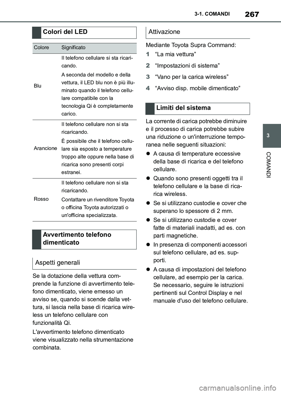 TOYOTA SUPRA 2023  Manuale duso (in Italian) 267
3 3-1. COMANDI
COMANDI
Se la dotazione della vettura com-
prende la funzione di avvertimento tele-
fono dimenticato, viene emesso un 
avviso se, quando si scende dalla vet-
tura, si lascia nella b