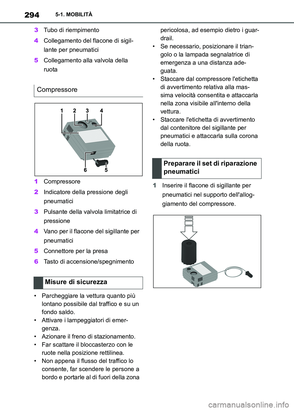 TOYOTA SUPRA 2023  Manuale duso (in Italian) 2945-1. MOBILITÀ
3Tubo di riempimento
4Collegamento del flacone di sigil-
lante per pneumatici
5Collegamento alla valvola della 
ruota
1Compressore
2Indicatore della pressione degli 
pneumatici
3Puls