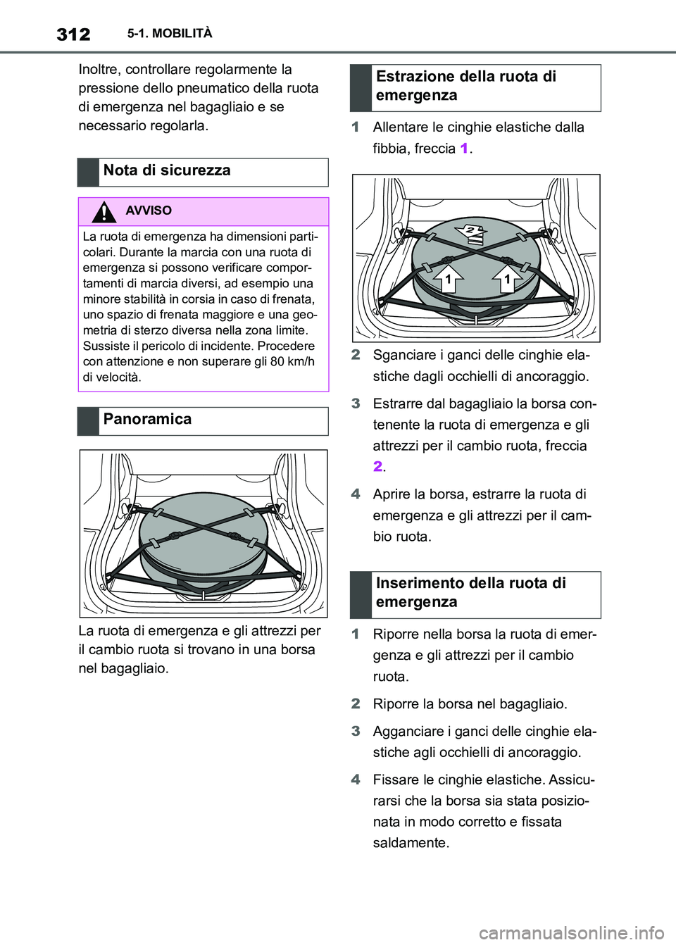 TOYOTA SUPRA 2023  Manuale duso (in Italian) 3125-1. MOBILITÀ
Inoltre, controllare regolarmente la 
pressione dello pneumatico della ruota 
di emergenza nel bagagliaio e se 
necessario regolarla.
La ruota di emergenza e gli attrezzi per 
il cam