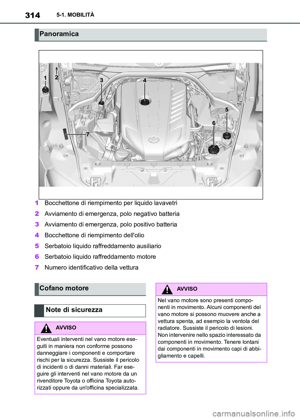 TOYOTA SUPRA 2023  Manuale duso (in Italian) 3145-1. MOBILITÀ
1Bocchettone di riempimento per liquido lavavetri
2Avviamento di emergenza, polo negativo batteria
3Avviamento di emergenza, polo positivo batteria
4Bocchettone di riempimento dello