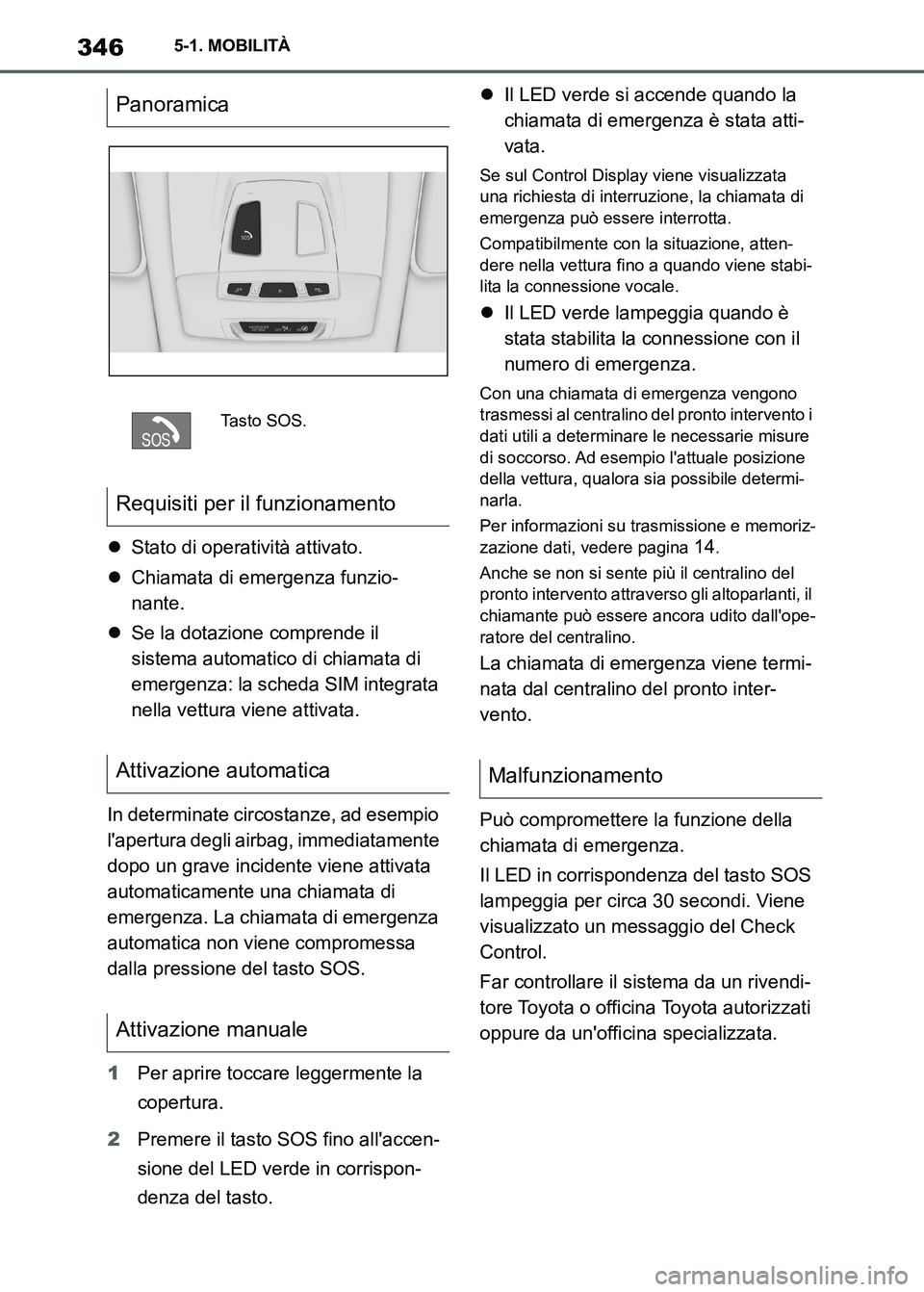 TOYOTA SUPRA 2023 Manuale duso (in Italian) 3465-1. MOBILITÀ
Stato di operatività attivato.
Chiamata di emergenza funzio-
nante.
Se la dotazione comprende il
sistema automatico di chiamata di
emergenza: la scheda SIM integrata
nel TOYOTA SUPRA 2023 Manuale duso (in Italian) 3465-1. MOBILITÀ
Stato di operatività attivato.
Chiamata di emergenza funzio-
nante.
Se la dotazione comprende il
sistema automatico di chiamata di
emergenza: la scheda SIM integrata
nel