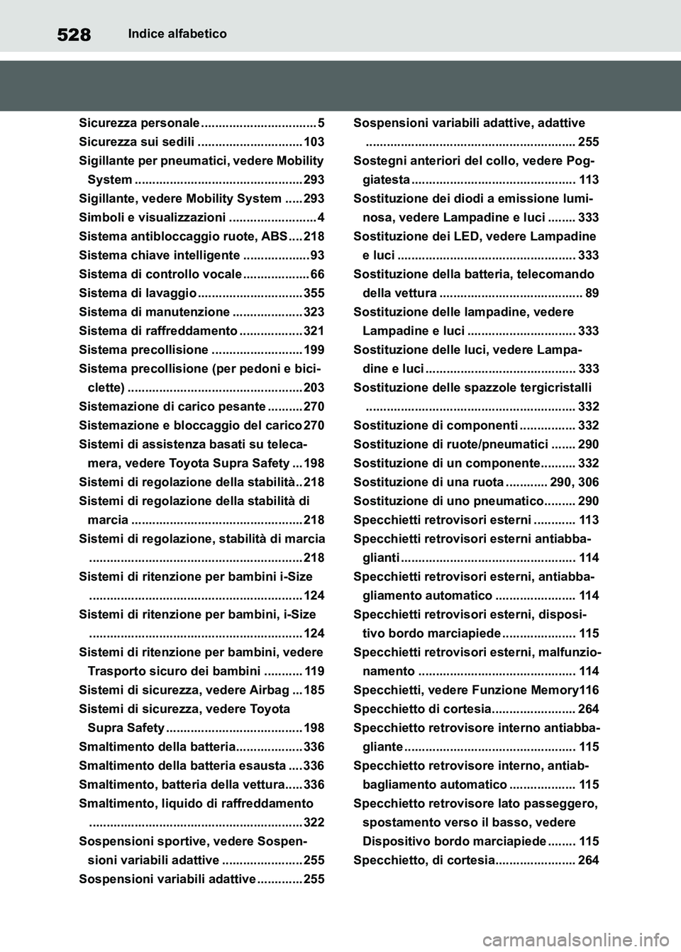 TOYOTA SUPRA 2023  Manuale duso (in Italian) 528Indice alfabetico
Sicurezza personale ................................. 5
Sicurezza sui sedili .............................. 103
Sigillante per pneumatici, vedere Mobility 
System ................