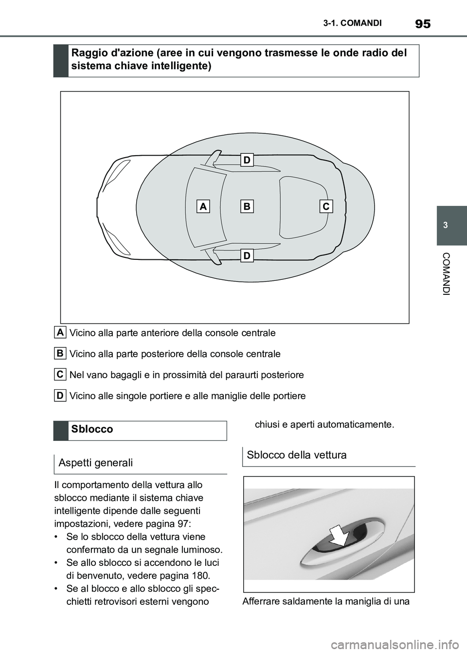 TOYOTA SUPRA 2023 Manuale duso (in Italian) 95
3 3-1. COMANDI
COMANDI
Vicino alla parte anteriore della console centrale
Vicino alla parte posteriore della console centrale
Nel vano bagagli e in prossimità del paraurti posteriore
Vicino alle s TOYOTA SUPRA 2023 Manuale duso (in Italian) 95
3 3-1. COMANDI
COMANDI
Vicino alla parte anteriore della console centrale
Vicino alla parte posteriore della console centrale
Nel vano bagagli e in prossimità del paraurti posteriore
Vicino alle s