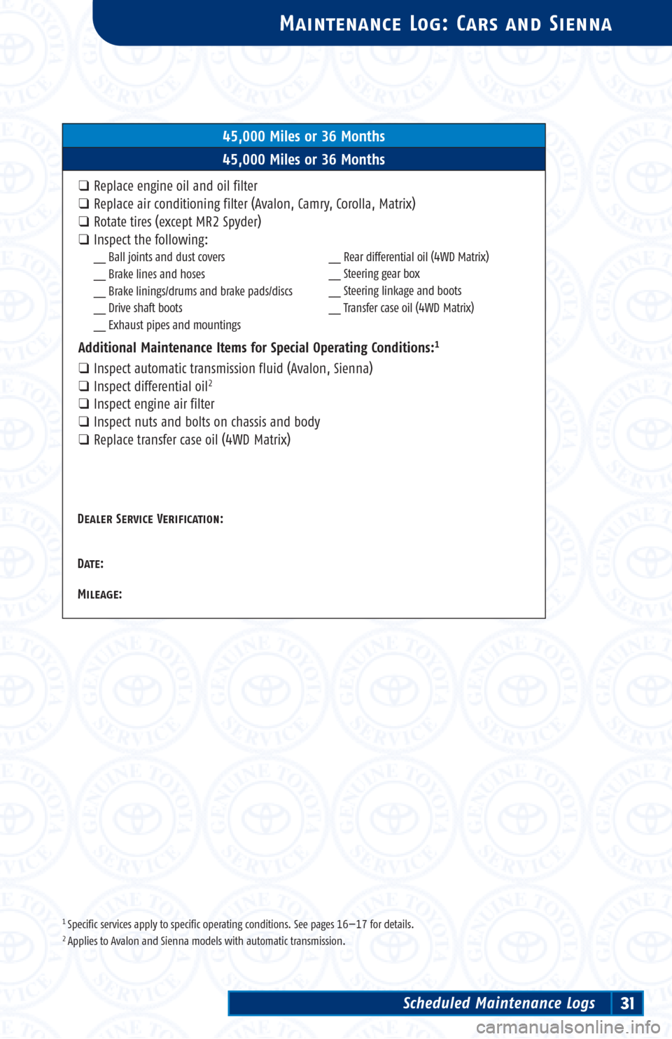 TOYOTA 4RUNNER 2003 N210 / 4.G Scheduled Maintenance Guide 1 Specific services apply to specific operating conditions. See pages 16—17 for details.2 Applies to Avalon and Sienna models with automatic transmission.
Maintenance Log: Cars and Sienna
45,000 Mil TOYOTA 4RUNNER 2003 N210 / 4.G Scheduled Maintenance Guide 1 Specific services apply to specific operating conditions. See pages 16—17 for details.2 Applies to Avalon and Sienna models with automatic transmission.
Maintenance Log: Cars and Sienna
45,000 Mil