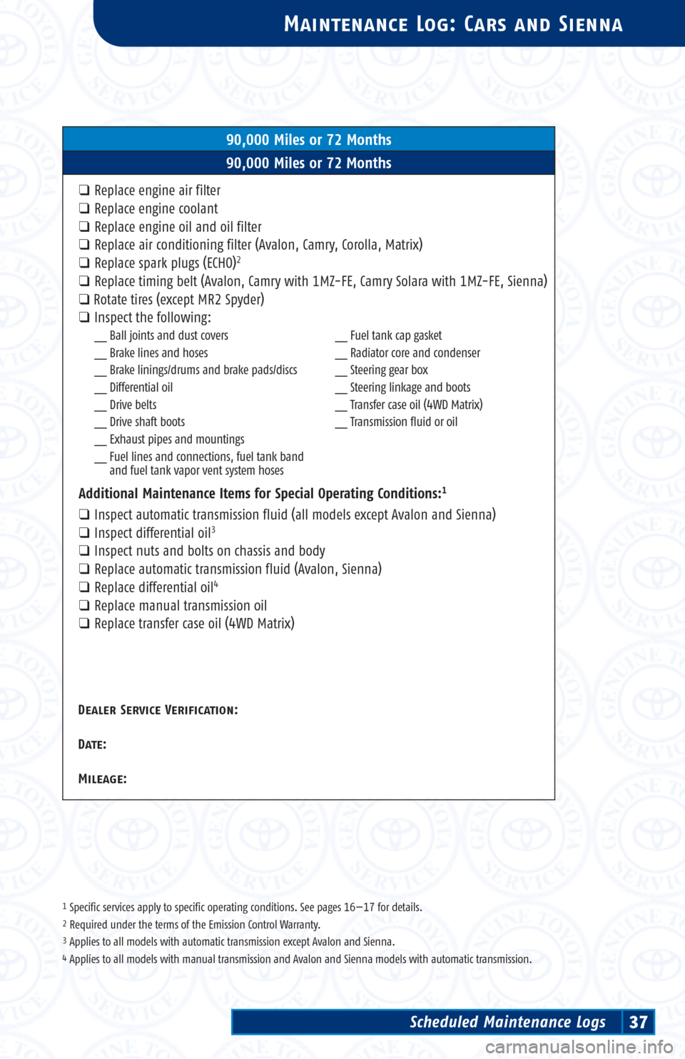 TOYOTA 4RUNNER 2003 N210 / 4.G Scheduled Maintenance Guide 5,000-Mile Maintenance Intervals
7,500-Mile Maintenance IntervalsTo determine the appropriate maintenance
interval for your vehicle, see page 16.
Dealer Service Verification:
Date:
Mileage:
Dealer Ser TOYOTA 4RUNNER 2003 N210 / 4.G Scheduled Maintenance Guide 5,000-Mile Maintenance Intervals
7,500-Mile Maintenance IntervalsTo determine the appropriate maintenance
interval for your vehicle, see page 16.
Dealer Service Verification:
Date:
Mileage:
Dealer Ser