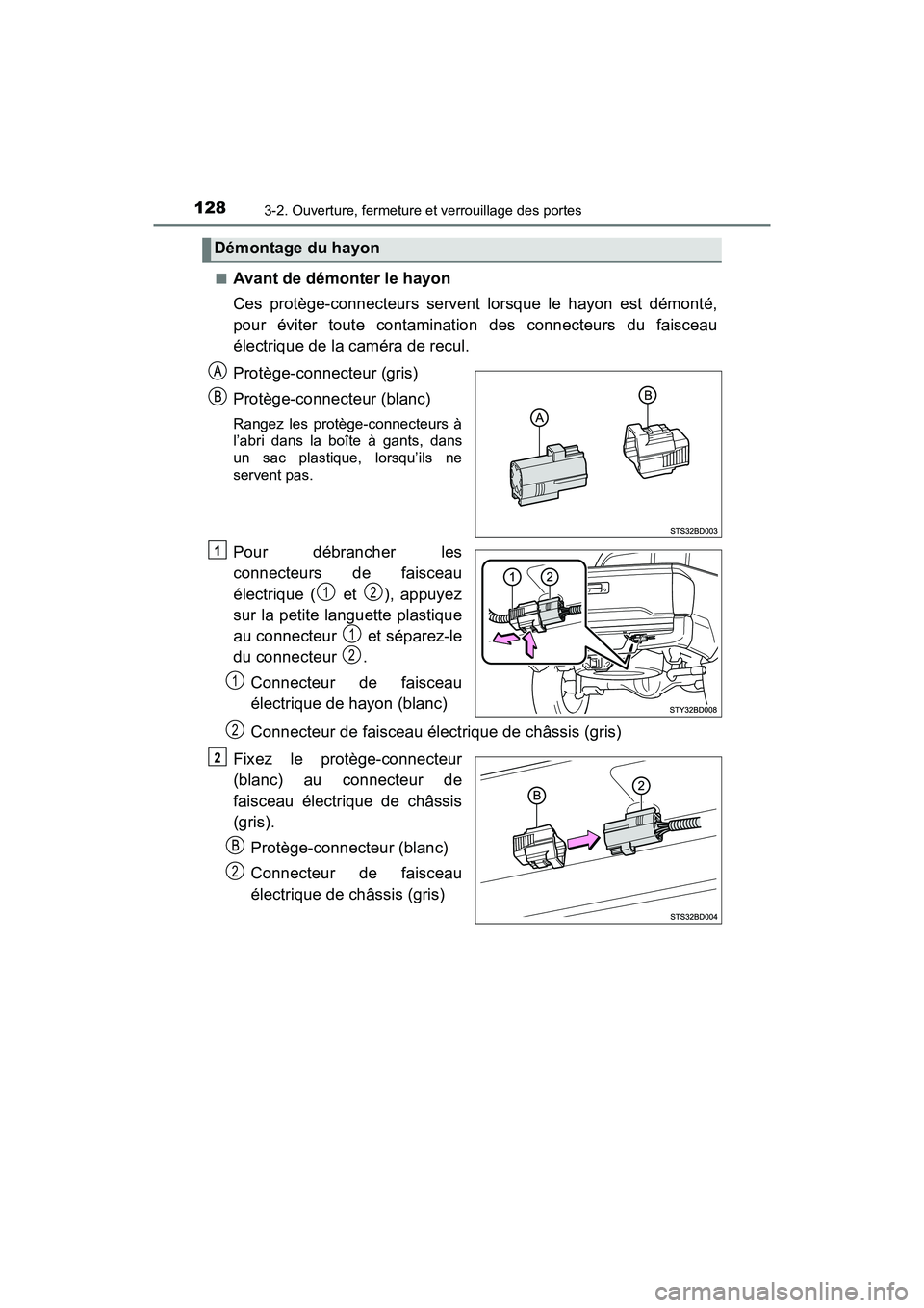 TOYOTA TACOMA 2017  Manuel du propriétaire (in French) 1283-2. Ouverture, fermeture et verrouillage des portes
TACOMA_OM_USA_OM04013D■
Avant de démonter le hayon
Ces protège-connecteurs servent lorsque le hayon est démonté,
pour éviter toute contam