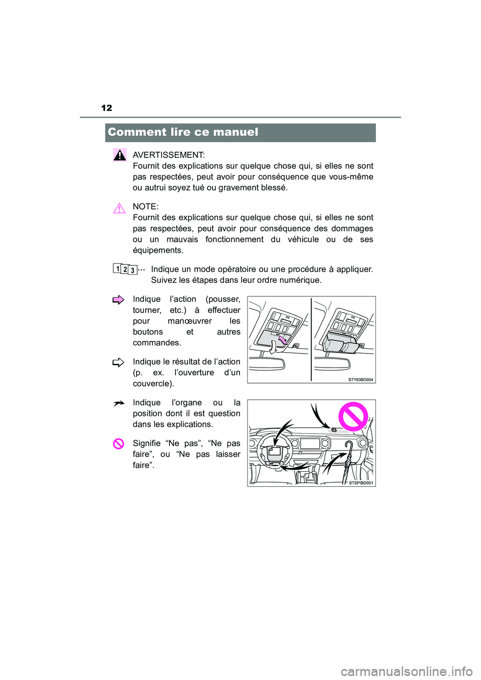 TOYOTA TACOMA 2017 Manuel du propriétaire (in French) 12
TACOMA_OM_USA_OM04013D
Comment lire ce manuel
AVERTISSEMENT:
Fournit des explications sur quelque chose qui, si elles ne sont
pas respectées, peut avoir pour conséquence que vous-même
ou autrui TOYOTA TACOMA 2017 Manuel du propriétaire (in French) 12
TACOMA_OM_USA_OM04013D
Comment lire ce manuel
AVERTISSEMENT:
Fournit des explications sur quelque chose qui, si elles ne sont
pas respectées, peut avoir pour conséquence que vous-même
ou autrui