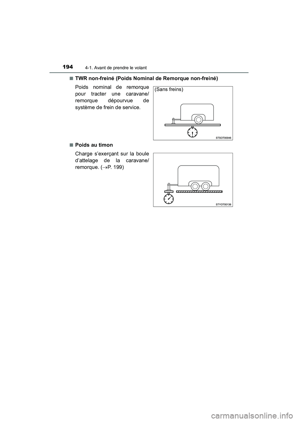 TOYOTA TACOMA 2017  Manuel du propriétaire (in French) 1944-1. Avant de prendre le volant
TACOMA_OM_USA_OM04013D■
TWR non-freiné (Poids Nominal de Remorque non-freiné)
Poids nominal de remorque
pour tracter une caravane/
remorque dépourvue de
systèm