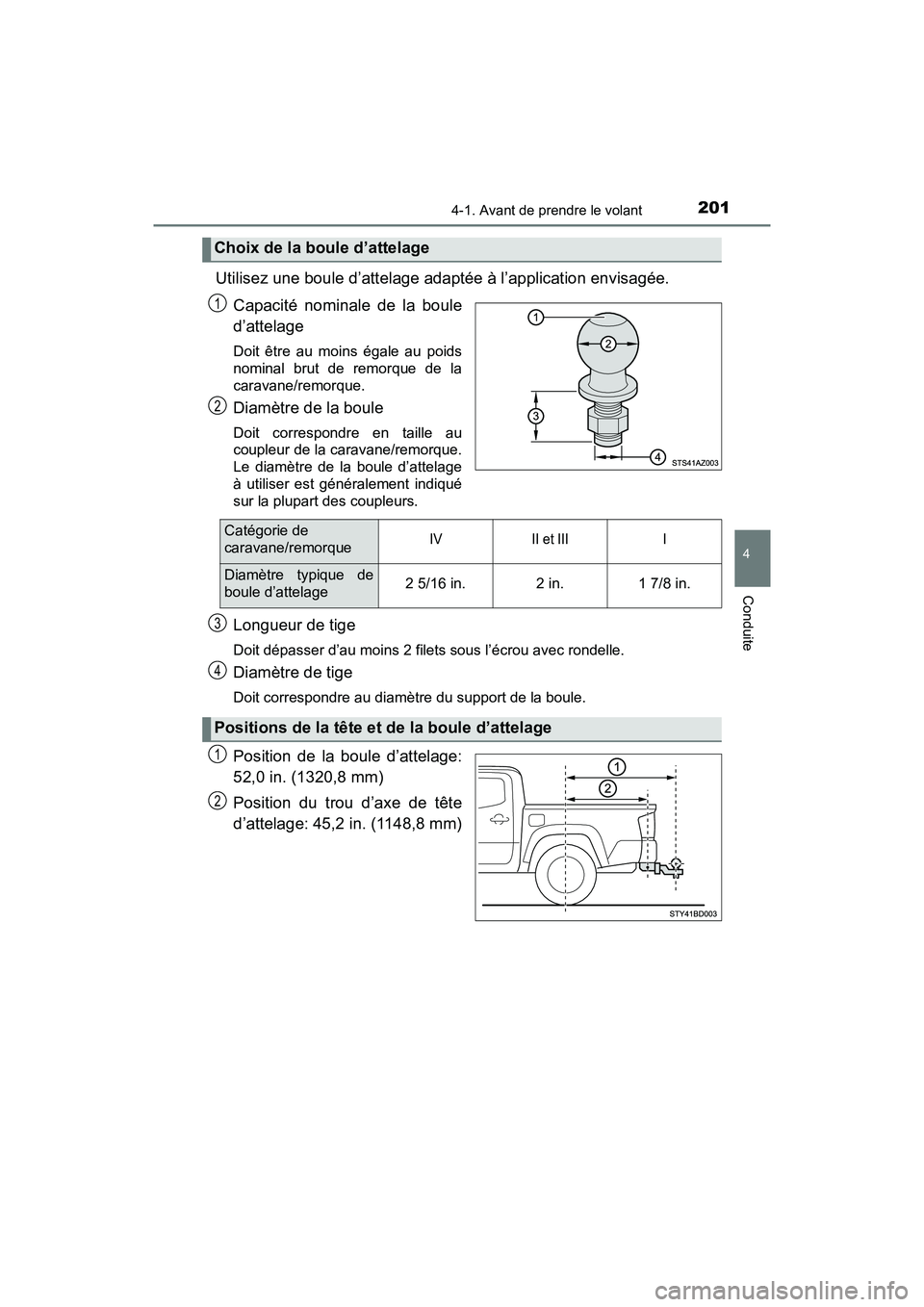 TOYOTA TACOMA 2017 Manuel du propriétaire (in French) 2014-1. Avant de prendre le volant
4
Conduite
TACOMA_OM_USA_OM04013D
Utilisez une boule d’attelage adaptée à l’application envisagée.Capacité nominale de la boule
d’attelage
Doit être au mo TOYOTA TACOMA 2017 Manuel du propriétaire (in French) 2014-1. Avant de prendre le volant
4
Conduite
TACOMA_OM_USA_OM04013D
Utilisez une boule d’attelage adaptée à l’application envisagée.Capacité nominale de la boule
d’attelage
Doit être au mo