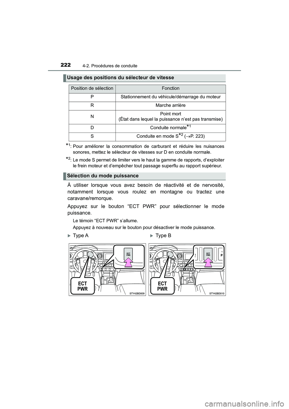 TOYOTA TACOMA 2017 Manuel du propriétaire (in French) 2224-2. Procédures de conduite
TACOMA_OM_USA_OM04013D
*1: Pour améliorer la consommation de carburant et réduire les nuisances
sonores, mettez le sélecteur de vitesses sur D en conduite normale.
* TOYOTA TACOMA 2017 Manuel du propriétaire (in French) 2224-2. Procédures de conduite
TACOMA_OM_USA_OM04013D
*1: Pour améliorer la consommation de carburant et réduire les nuisances
sonores, mettez le sélecteur de vitesses sur D en conduite normale.
*