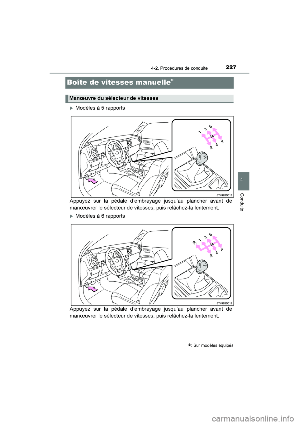 TOYOTA TACOMA 2017 Manuel du propriétaire (in French) 2274-2. Procédures de conduite
4
Conduite
TACOMA_OM_USA_OM04013D
Boîte de vitesses manuelle
Modèles à 5 rapports
Appuyez sur la pédale d’embrayage jusqu’au plancher avant de
manœuvrer TOYOTA TACOMA 2017 Manuel du propriétaire (in French) 2274-2. Procédures de conduite
4
Conduite
TACOMA_OM_USA_OM04013D
Boîte de vitesses manuelle
Modèles à 5 rapports
Appuyez sur la pédale d’embrayage jusqu’au plancher avant de
manœuvrer