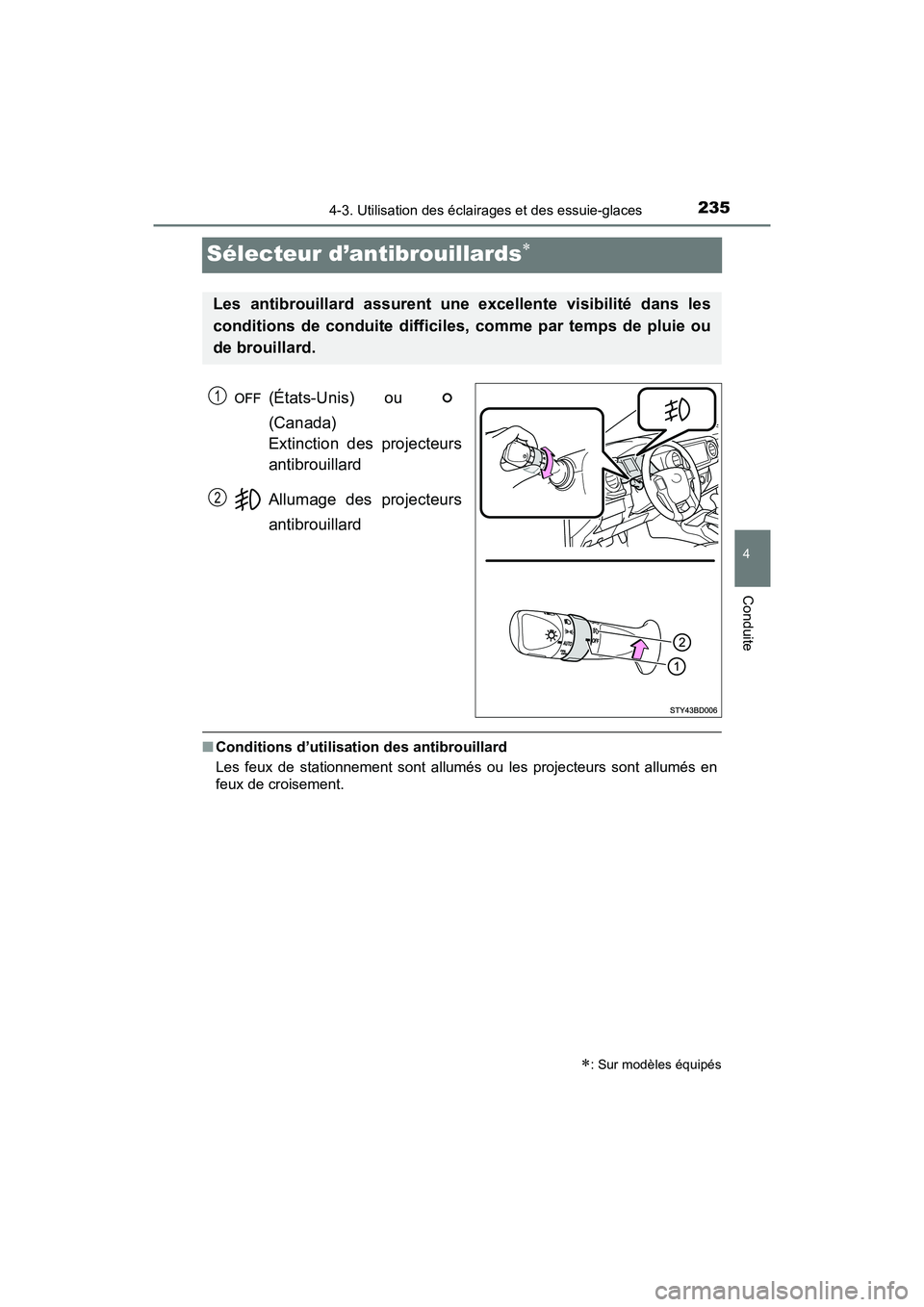 TOYOTA TACOMA 2017 Manuel du propriétaire (in French) 2354-3. Utilisation des éclairages et des essuie-glaces
4
Conduite
TACOMA_OM_USA_OM04013D
Sélecteur d’antibrouillards
(États-Unis) ou
(Canada)
Extinction des projecteurs
antibrouillard
Allum TOYOTA TACOMA 2017 Manuel du propriétaire (in French) 2354-3. Utilisation des éclairages et des essuie-glaces
4
Conduite
TACOMA_OM_USA_OM04013D
Sélecteur d’antibrouillards
(États-Unis) ou
(Canada)
Extinction des projecteurs
antibrouillard
Allum