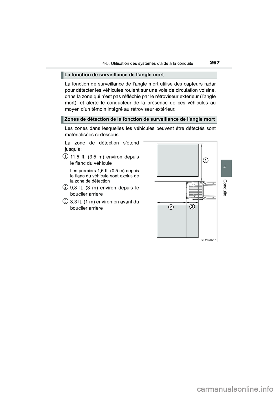 TOYOTA TACOMA 2017 Manuel du propriétaire (in French) 2674-5. Utilisation des systèmes d’aide à la conduite
4
Conduite
TACOMA_OM_USA_OM04013D
La fonction de surveillance de l’angle mort utilise des capteurs radar
pour détecter les véhicules roula TOYOTA TACOMA 2017 Manuel du propriétaire (in French) 2674-5. Utilisation des systèmes d’aide à la conduite
4
Conduite
TACOMA_OM_USA_OM04013D
La fonction de surveillance de l’angle mort utilise des capteurs radar
pour détecter les véhicules roula