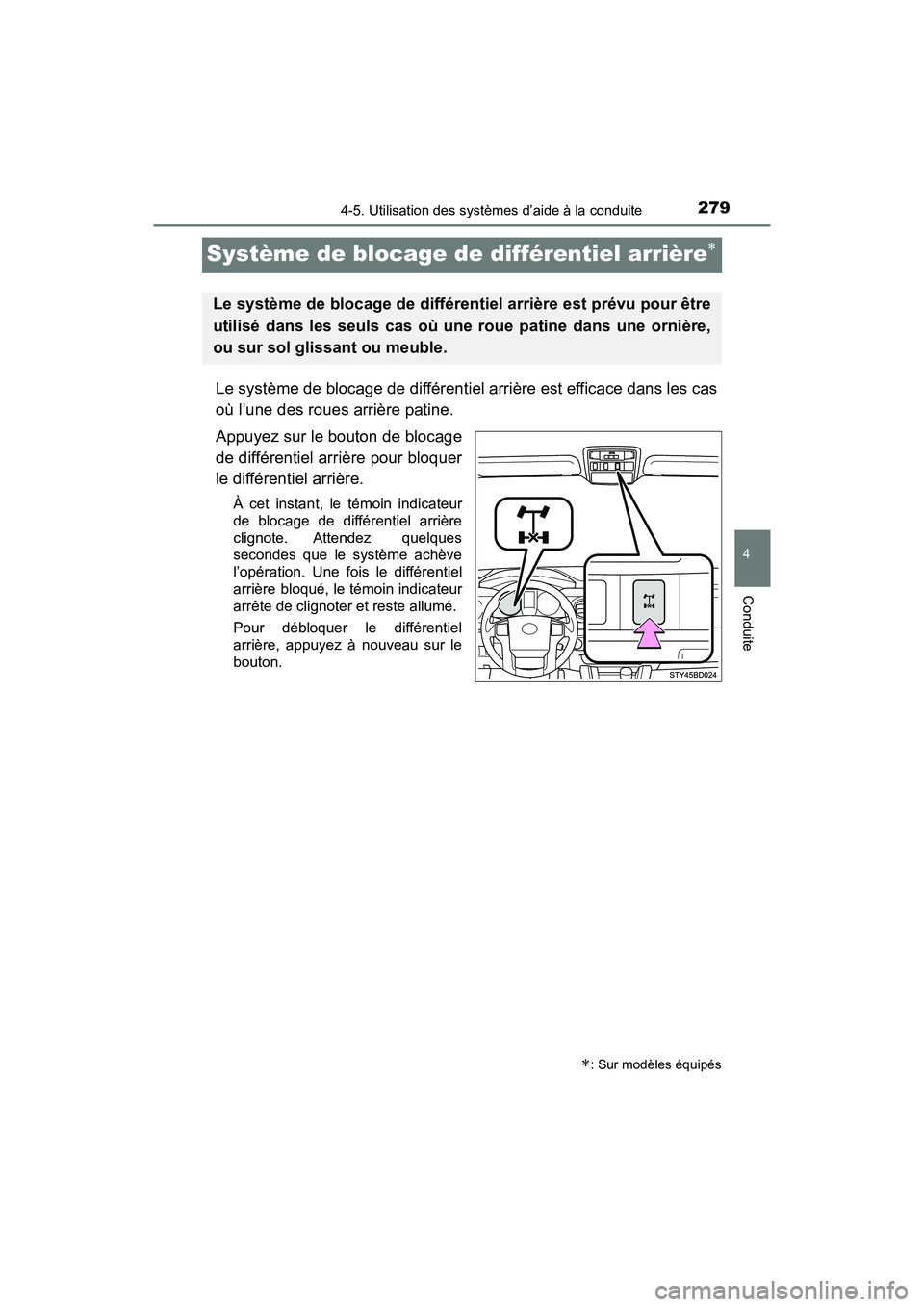 TOYOTA TACOMA 2017 Manuel du propriétaire (in French) 2794-5. Utilisation des systèmes d’aide à la conduite
4
Conduite
TACOMA_OM_USA_OM04013D
Système de blocage de différentiel arrière
Le système de blocage de différentiel arrière est effica TOYOTA TACOMA 2017 Manuel du propriétaire (in French) 2794-5. Utilisation des systèmes d’aide à la conduite
4
Conduite
TACOMA_OM_USA_OM04013D
Système de blocage de différentiel arrière
Le système de blocage de différentiel arrière est effica