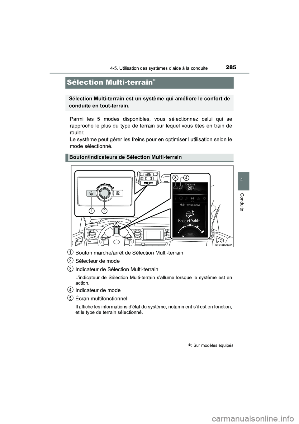 TOYOTA TACOMA 2017 Manuel du propriétaire (in French) 2854-5. Utilisation des systèmes d’aide à la conduite
4
Conduite
TACOMA_OM_USA_OM04013D
Sélection Multi-terrain
Parmi les 5 modes disponibles, vous sélectionnez celui qui se
rapproche le plus TOYOTA TACOMA 2017 Manuel du propriétaire (in French) 2854-5. Utilisation des systèmes d’aide à la conduite
4
Conduite
TACOMA_OM_USA_OM04013D
Sélection Multi-terrain
Parmi les 5 modes disponibles, vous sélectionnez celui qui se
rapproche le plus