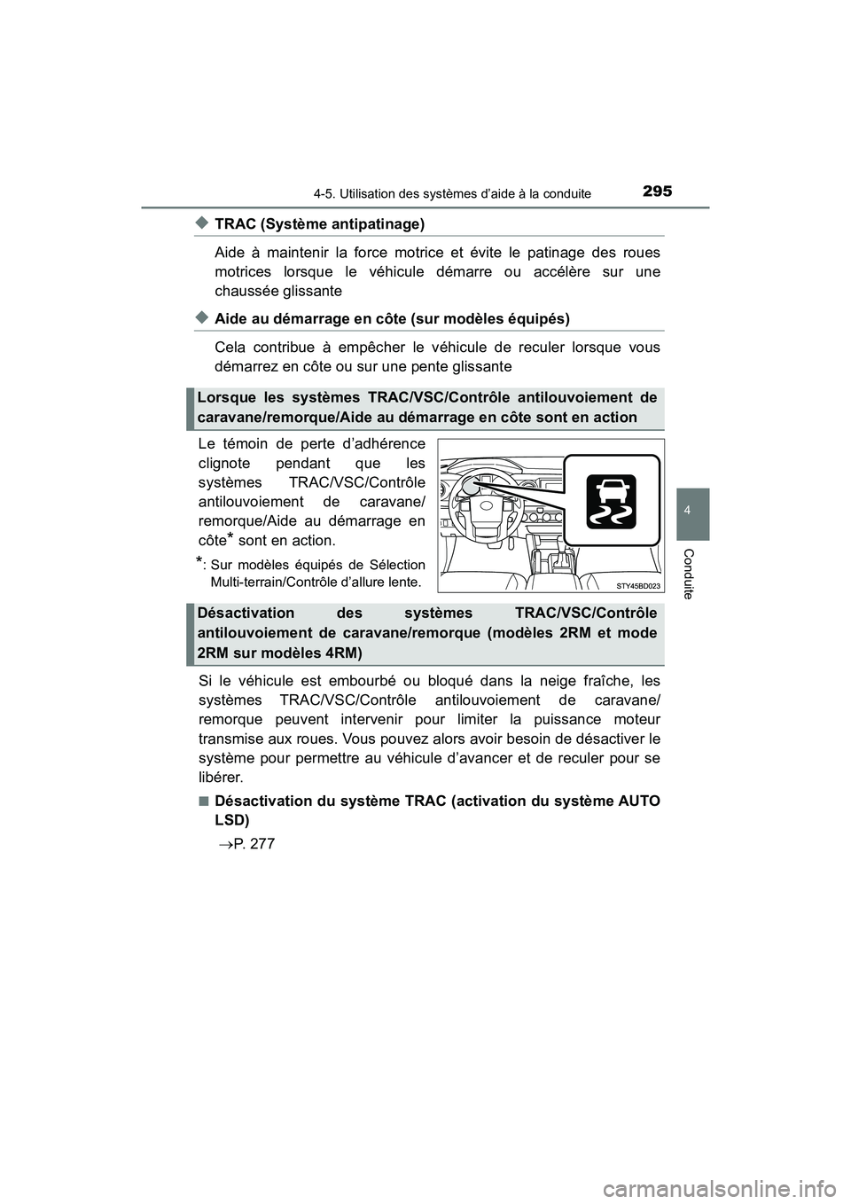 TOYOTA TACOMA 2017 Manuel du propriétaire (in French) 2954-5. Utilisation des systèmes d’aide à la conduite
4
Conduite
TACOMA_OM_USA_OM04013D
◆TRAC (Système antipatinage)
Aide à maintenir la force motrice et évite le patinage des roues
motrices TOYOTA TACOMA 2017 Manuel du propriétaire (in French) 2954-5. Utilisation des systèmes d’aide à la conduite
4
Conduite
TACOMA_OM_USA_OM04013D
◆TRAC (Système antipatinage)
Aide à maintenir la force motrice et évite le patinage des roues
motrices