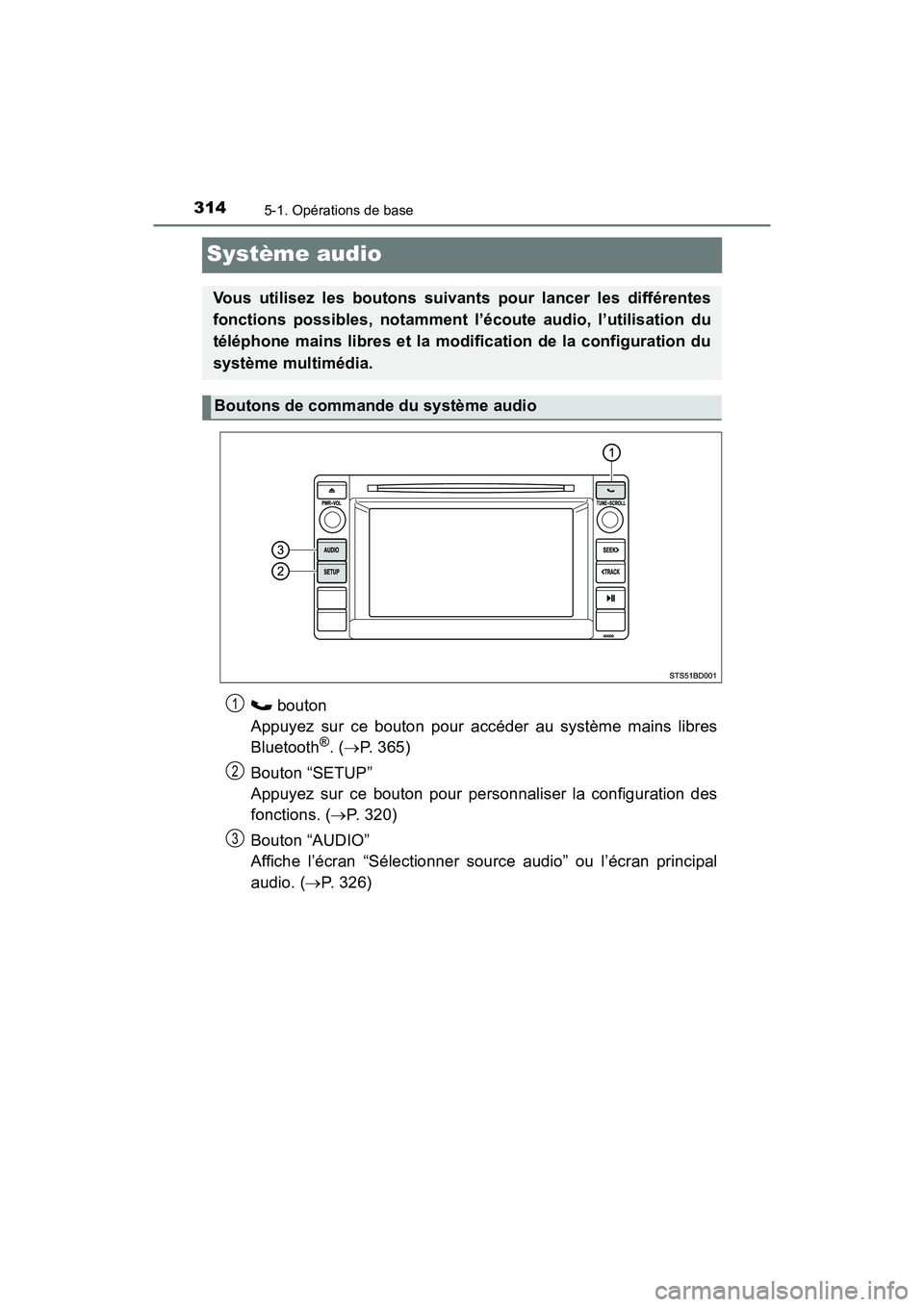 TOYOTA TACOMA 2017 Manuel du propriétaire (in French) 3145-1. Opérations de base
TACOMA_OM_USA_OM04013D
Système audio
bouton
Appuyez sur ce bouton pour accéder au système mains libres
Bluetooth
®. ( P. 365)
Bouton “SETUP”
Appuyez sur ce bo TOYOTA TACOMA 2017 Manuel du propriétaire (in French) 3145-1. Opérations de base
TACOMA_OM_USA_OM04013D
Système audio
bouton
Appuyez sur ce bouton pour accéder au système mains libres
Bluetooth
®. ( P. 365)
Bouton “SETUP”
Appuyez sur ce bo