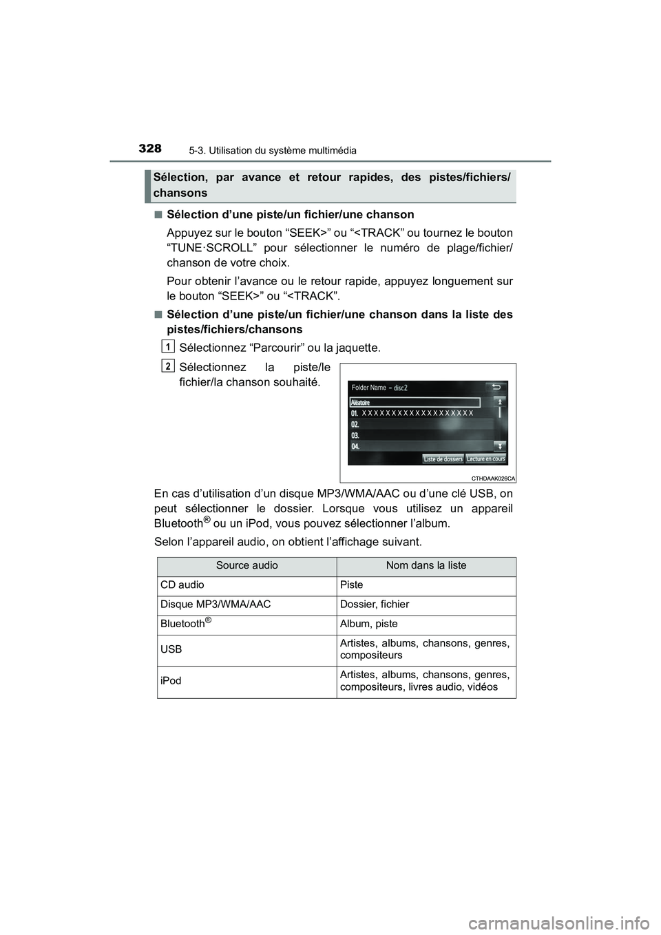 TOYOTA TACOMA 2017  Manuel du propriétaire (in French) 3285-3. Utilisation du système multimédia
TACOMA_OM_USA_OM04013D■
Sélection d’une piste/un fichier/une chanson
Appuyez sur le bouton “SEEK>” ou “<TRACK” ou tournez le bouton
“TUNE·SC
