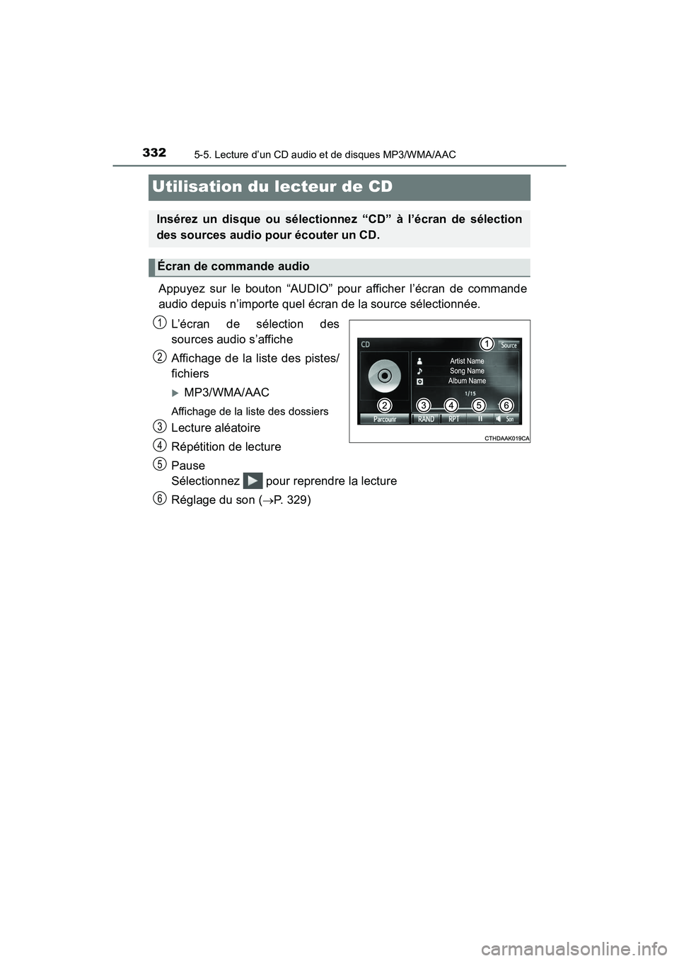 TOYOTA TACOMA 2017 Manuel du propriétaire (in French) 3325-5. Lecture d’un CD audio et de disques MP3/WMA/AAC
TACOMA_OM_USA_OM04013D
Utilisation du lecteur de CD
Appuyez sur le bouton “AUDIO” pour afficher l’écran de commande
audio depuis n’im TOYOTA TACOMA 2017 Manuel du propriétaire (in French) 3325-5. Lecture d’un CD audio et de disques MP3/WMA/AAC
TACOMA_OM_USA_OM04013D
Utilisation du lecteur de CD
Appuyez sur le bouton “AUDIO” pour afficher l’écran de commande
audio depuis n’im
