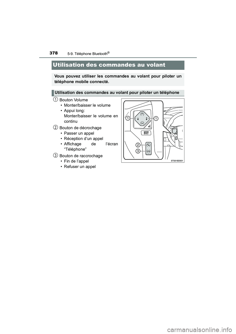 TOYOTA TACOMA 2017 Manuel du propriétaire (in French) 3785-9. Téléphone Bluetooth®
TACOMA_OM_USA_OM04013D
Utilisation des commandes au volant
Bouton Volume• Monter/baisser le volume
• Appui long: Monter/baisser le volume en
continu
Bouton de déc TOYOTA TACOMA 2017 Manuel du propriétaire (in French) 3785-9. Téléphone Bluetooth®
TACOMA_OM_USA_OM04013D
Utilisation des commandes au volant
Bouton Volume• Monter/baisser le volume
• Appui long: Monter/baisser le volume en
continu
Bouton de déc