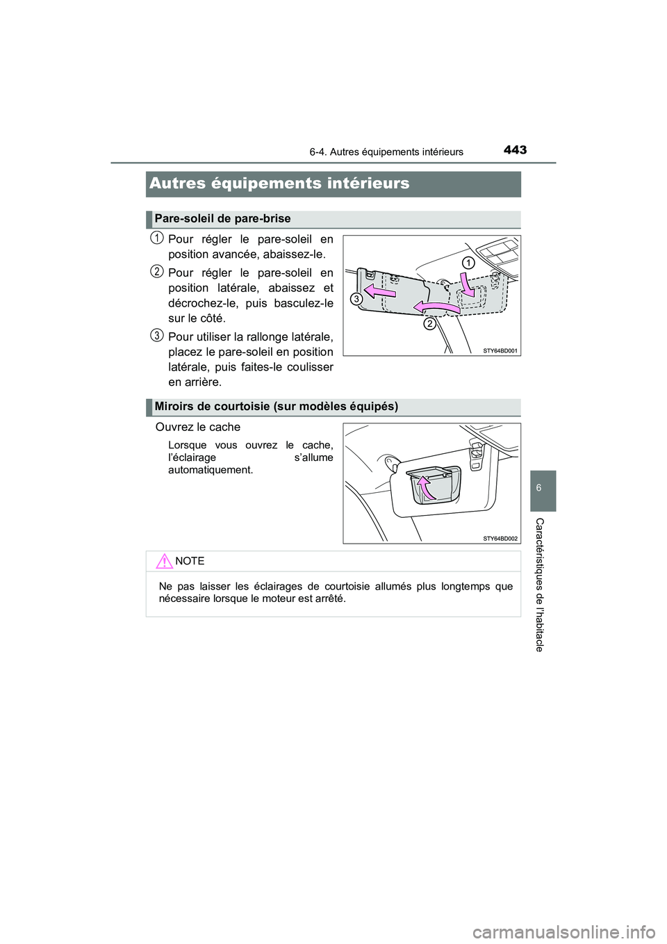 TOYOTA TACOMA 2017 Manuel du propriétaire (in French) 4436-4. Autres équipements intérieurs
6
Caractéristiques de l’habitacle
TACOMA_OM_USA_OM04013D
Autres équipements intérieurs
Pour régler le pare-soleil en
position avancée, abaissez-le.
Pour TOYOTA TACOMA 2017 Manuel du propriétaire (in French) 4436-4. Autres équipements intérieurs
6
Caractéristiques de l’habitacle
TACOMA_OM_USA_OM04013D
Autres équipements intérieurs
Pour régler le pare-soleil en
position avancée, abaissez-le.
Pour