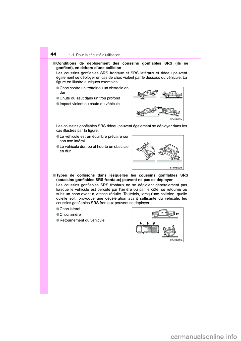 TOYOTA TACOMA 2017 Manuel du propriétaire (in French) 441-1. Pour la sécurité d’utilisation
TACOMA_OM_USA_OM04013D■
Conditions de déploiement des coussins gonflables SRS (ils se
gonflent), en dehors d’une collision
Les coussins gonflables SRS fr TOYOTA TACOMA 2017 Manuel du propriétaire (in French) 441-1. Pour la sécurité d’utilisation
TACOMA_OM_USA_OM04013D■
Conditions de déploiement des coussins gonflables SRS (ils se
gonflent), en dehors d’une collision
Les coussins gonflables SRS fr
