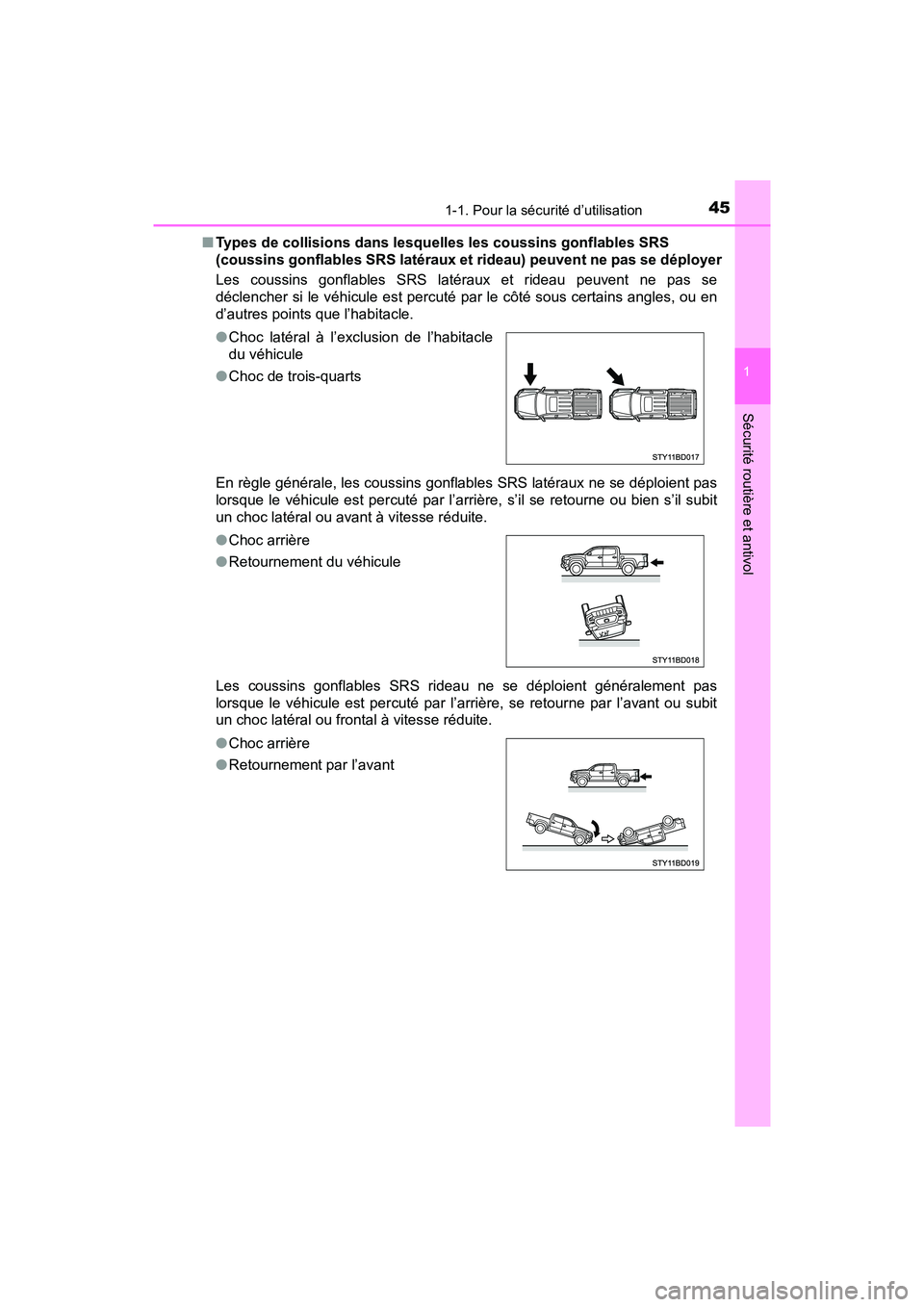 TOYOTA TACOMA 2017 Manuel du propriétaire (in French) 451-1. Pour la sécurité d’utilisation
1
Sécurité routière et antivol
TACOMA_OM_USA_OM04013D■
Types de collisions dans lesquelles les coussins gonflables SRS
(coussins gonflables SRS latéraux TOYOTA TACOMA 2017 Manuel du propriétaire (in French) 451-1. Pour la sécurité d’utilisation
1
Sécurité routière et antivol
TACOMA_OM_USA_OM04013D■
Types de collisions dans lesquelles les coussins gonflables SRS
(coussins gonflables SRS latéraux