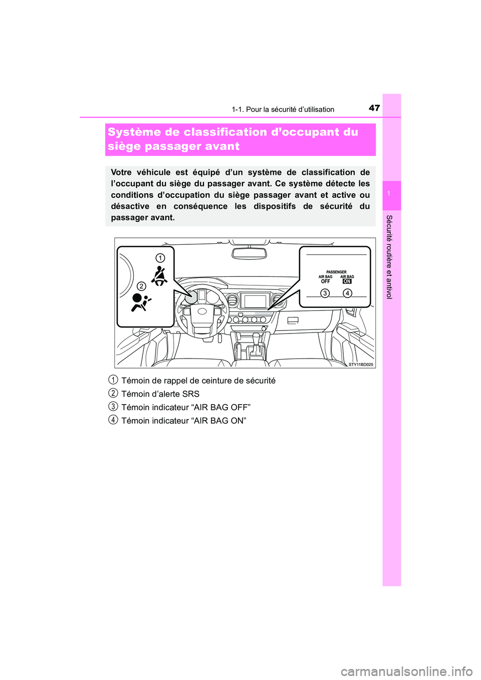 TOYOTA TACOMA 2017 Manuel du propriétaire (in French) 471-1. Pour la sécurité d’utilisation
1
Sécurité routière et antivol
TACOMA_OM_USA_OM04013D
Système de classification d’occupant du
siège passager avant
Votre véhicule est équipé d’un TOYOTA TACOMA 2017 Manuel du propriétaire (in French) 471-1. Pour la sécurité d’utilisation
1
Sécurité routière et antivol
TACOMA_OM_USA_OM04013D
Système de classification d’occupant du
siège passager avant
Votre véhicule est équipé d’un
