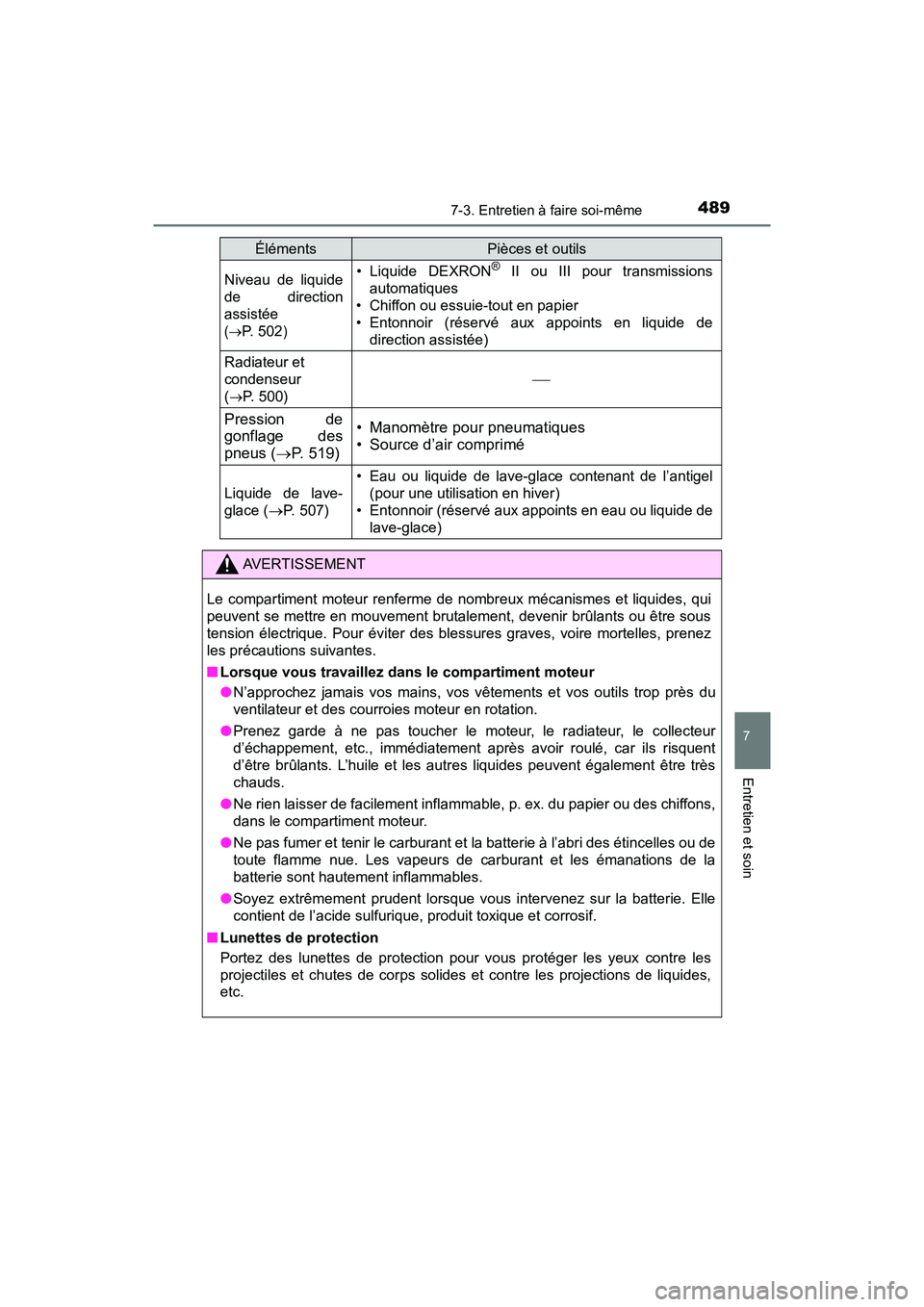 TOYOTA TACOMA 2017 Manuel du propriétaire (in French) 4897-3. Entretien à faire soi-même
7
Entretien et soin
TACOMA_OM_USA_OM04013D
Niveau de liquide
de direction
assistée
(
P. 502)
• Liquide DEXRON® II ou III pour transmissions
automatiques
TOYOTA TACOMA 2017 Manuel du propriétaire (in French) 4897-3. Entretien à faire soi-même
7
Entretien et soin
TACOMA_OM_USA_OM04013D
Niveau de liquide
de direction
assistée
(
P. 502)
• Liquide DEXRON® II ou III pour transmissions
automatiques