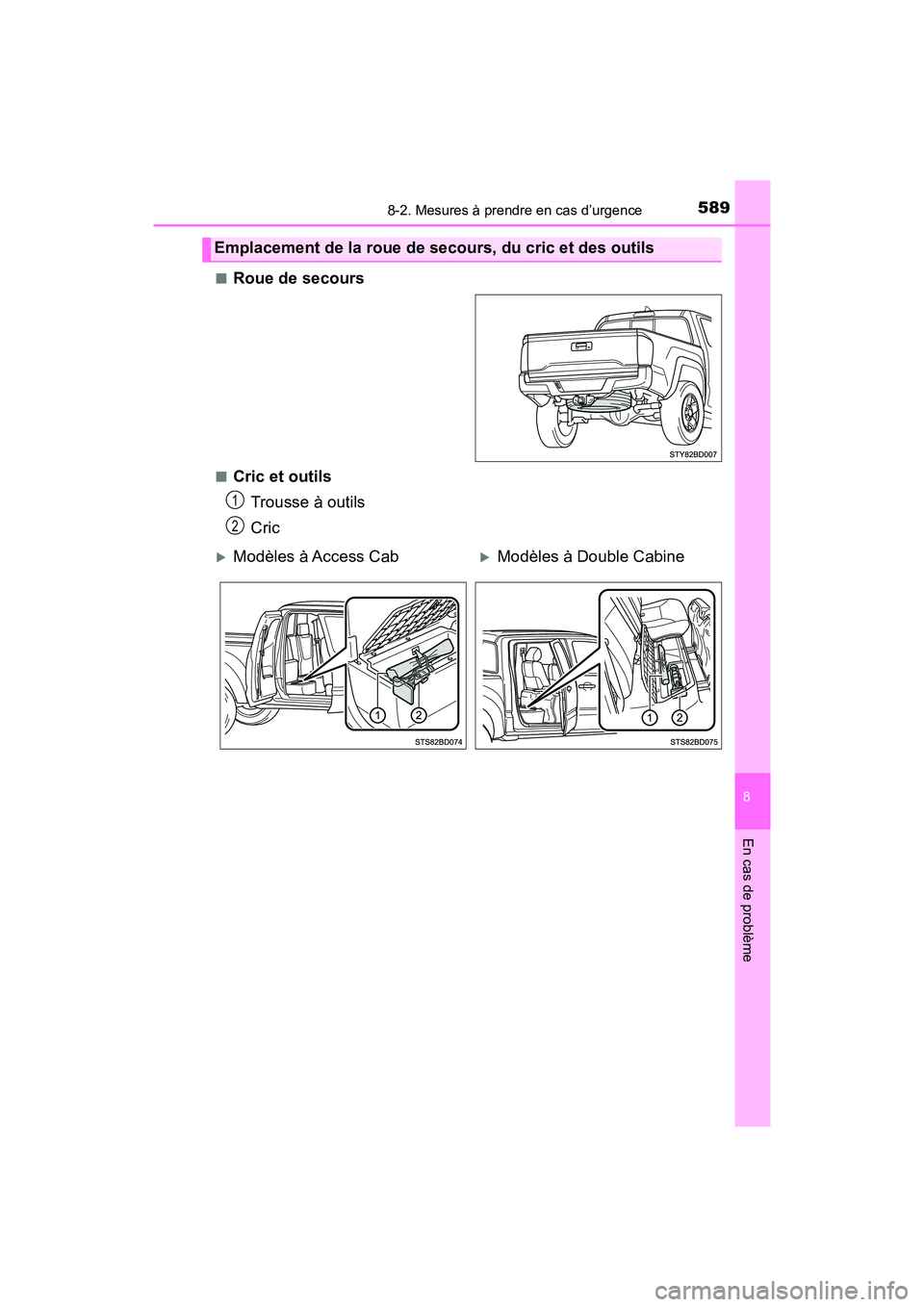 TOYOTA TACOMA 2017 Manuel du propriétaire (in French) 5898-2. Mesures à prendre en cas d’urgence
8
En cas de problème
TACOMA_OM_USA_OM04013D■
Roue de secours
■Cric et outils
Trousse à outils
Cric
Emplacement de la roue de secours, du cric et des TOYOTA TACOMA 2017 Manuel du propriétaire (in French) 5898-2. Mesures à prendre en cas d’urgence
8
En cas de problème
TACOMA_OM_USA_OM04013D■
Roue de secours
■Cric et outils
Trousse à outils
Cric
Emplacement de la roue de secours, du cric et des