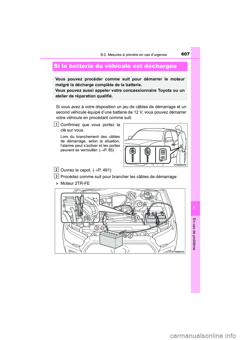 TOYOTA TACOMA 2017 Manuel du propriétaire (in French) 607
8
En cas de problème
8-2. Mesures à prendre en cas d’urgence
TACOMA_OM_USA_OM04013D
Si la batterie du véhicule est déchargée
Si vous avez à votre disposition un jeu de câbles de démarrag TOYOTA TACOMA 2017 Manuel du propriétaire (in French) 607
8
En cas de problème
8-2. Mesures à prendre en cas d’urgence
TACOMA_OM_USA_OM04013D
Si la batterie du véhicule est déchargée
Si vous avez à votre disposition un jeu de câbles de démarrag