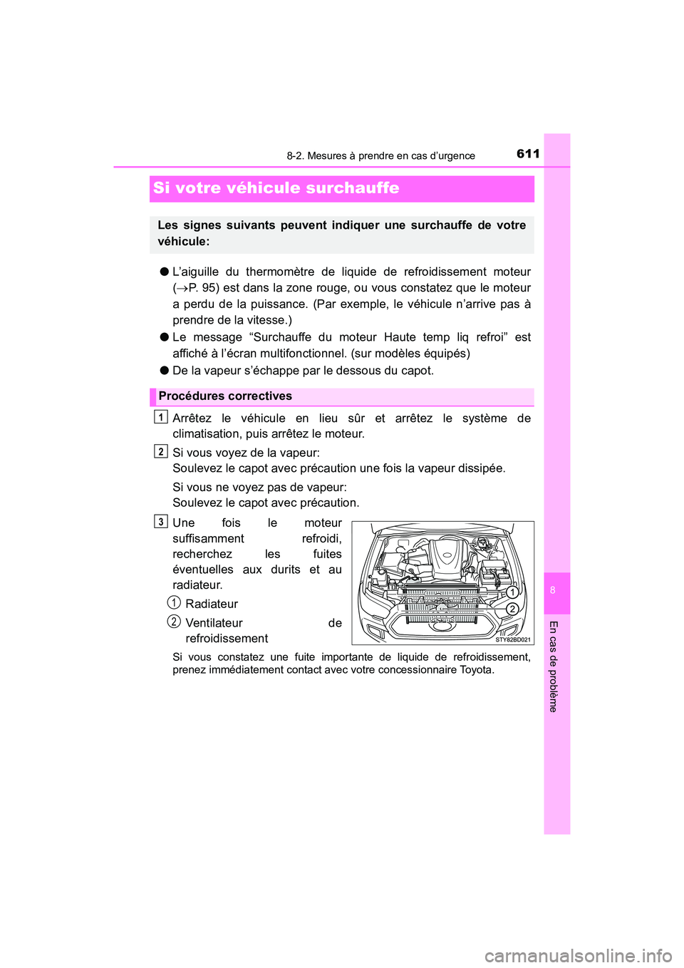 TOYOTA TACOMA 2017  Manuel du propriétaire (in French) 611
8
En cas de problème
8-2. Mesures à prendre en cas d’urgence
TACOMA_OM_USA_OM04013D
Si votre véhicule surchauffe
●L’aiguille du thermomètre de liquide de refroidissement moteur
( P. 9