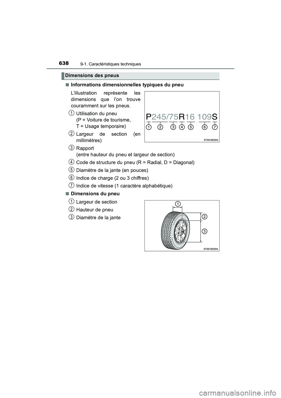 TOYOTA TACOMA 2017  Manuel du propriétaire (in French) 6389-1. Caractéristiques techniques
TACOMA_OM_USA_OM04013D■
Informations dimensionnelles typiques du pneu
L’illustration représente les
dimensions que l’on trouve
couramment sur les pneus.
Uti