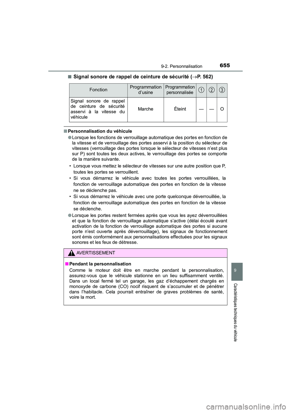 TOYOTA TACOMA 2017  Manuel du propriétaire (in French) 6559-2. Personnalisation
9
Caractéristiques techniques du véhicule
TACOMA_OM_USA_OM04013D■
Signal sonore de rappel de ceinture de sécurité (
P. 562)
■Personnalisation du véhicule
●Lorsqu