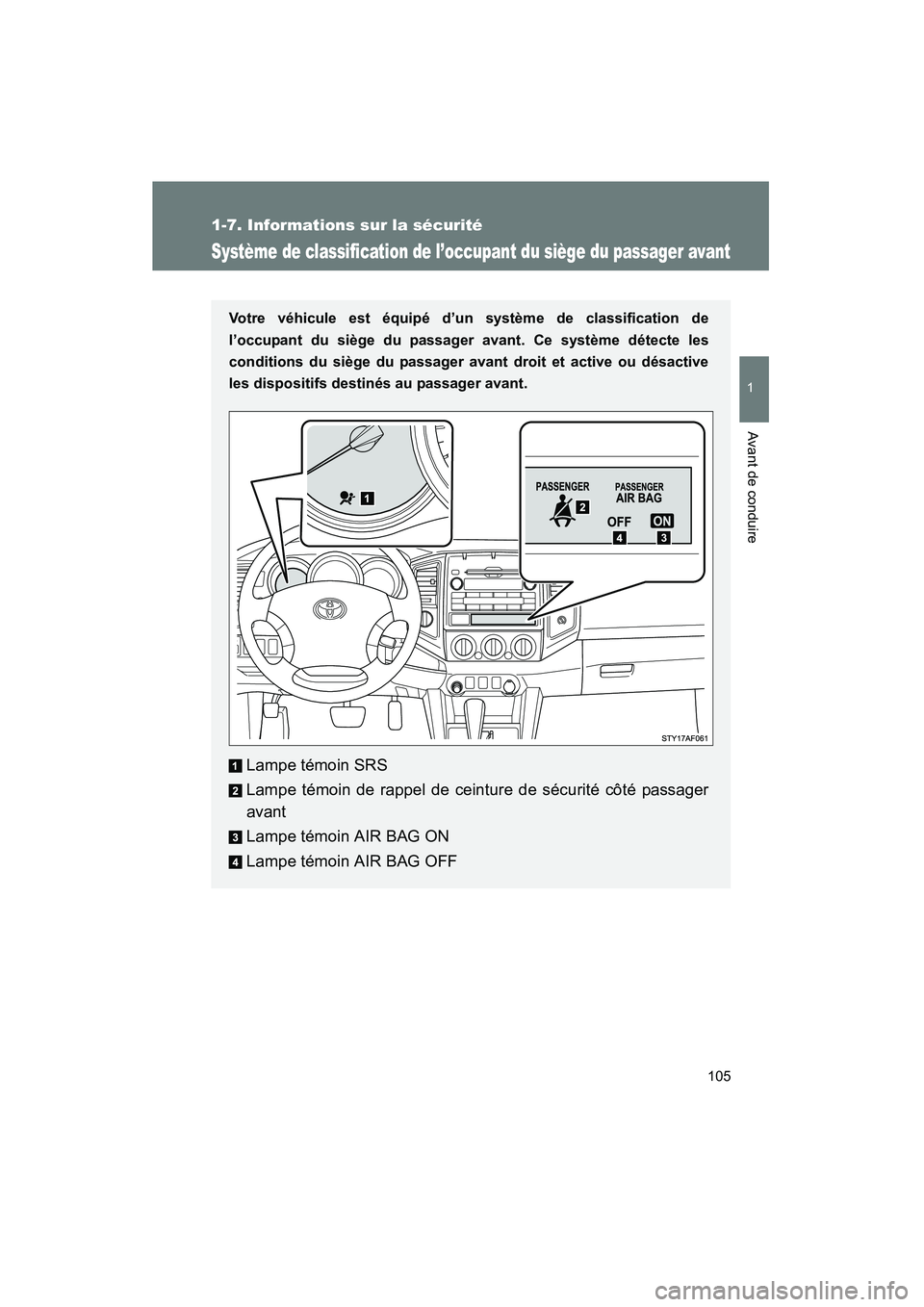 TOYOTA TACOMA 2009  Manuel du propriétaire (in French) 105
1
1-7. Informations sur la sécurité
Avant de conduire
TACOMA_D_(L/O_0805)
Système de classification de l’occupant du siège du passager avant
Votre véhicule est équipé d’un système de c