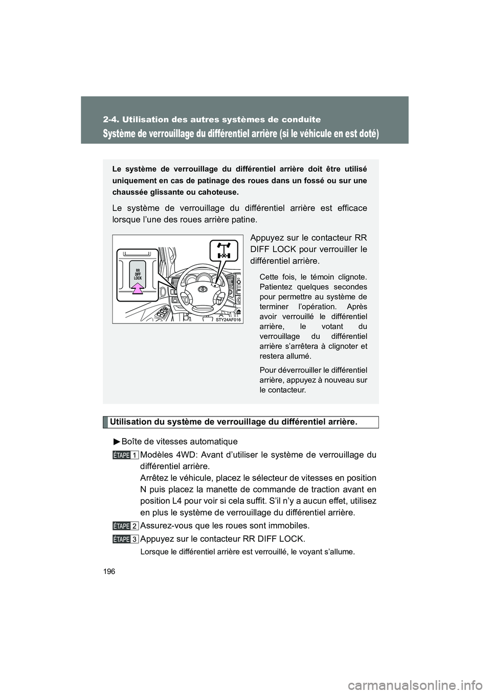 TOYOTA TACOMA 2009 Manuel du propriétaire (in French) 196
2-4. Utilisation des autres systèmes de conduite
TACOMA_D_(L/O_0805)
Système de verrouillage du différentiel arrière (si le véhicule en est doté)
Utilisation du système de verrouillage du d TOYOTA TACOMA 2009 Manuel du propriétaire (in French) 196
2-4. Utilisation des autres systèmes de conduite
TACOMA_D_(L/O_0805)
Système de verrouillage du différentiel arrière (si le véhicule en est doté)
Utilisation du système de verrouillage du d