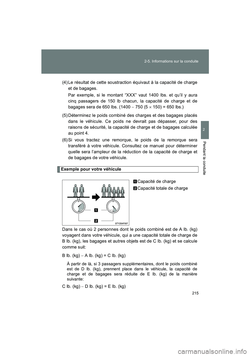 TOYOTA TACOMA 2009  Manuel du propriétaire (in French) 215
2-5. Informations sur la conduite
2
Pendant la conduite
TACOMA_D_(L/O_0805)
(4) Le résultat de cette soustraction équivaut à la capacité de charge
et de bagages.
Par exemple, si le montant “