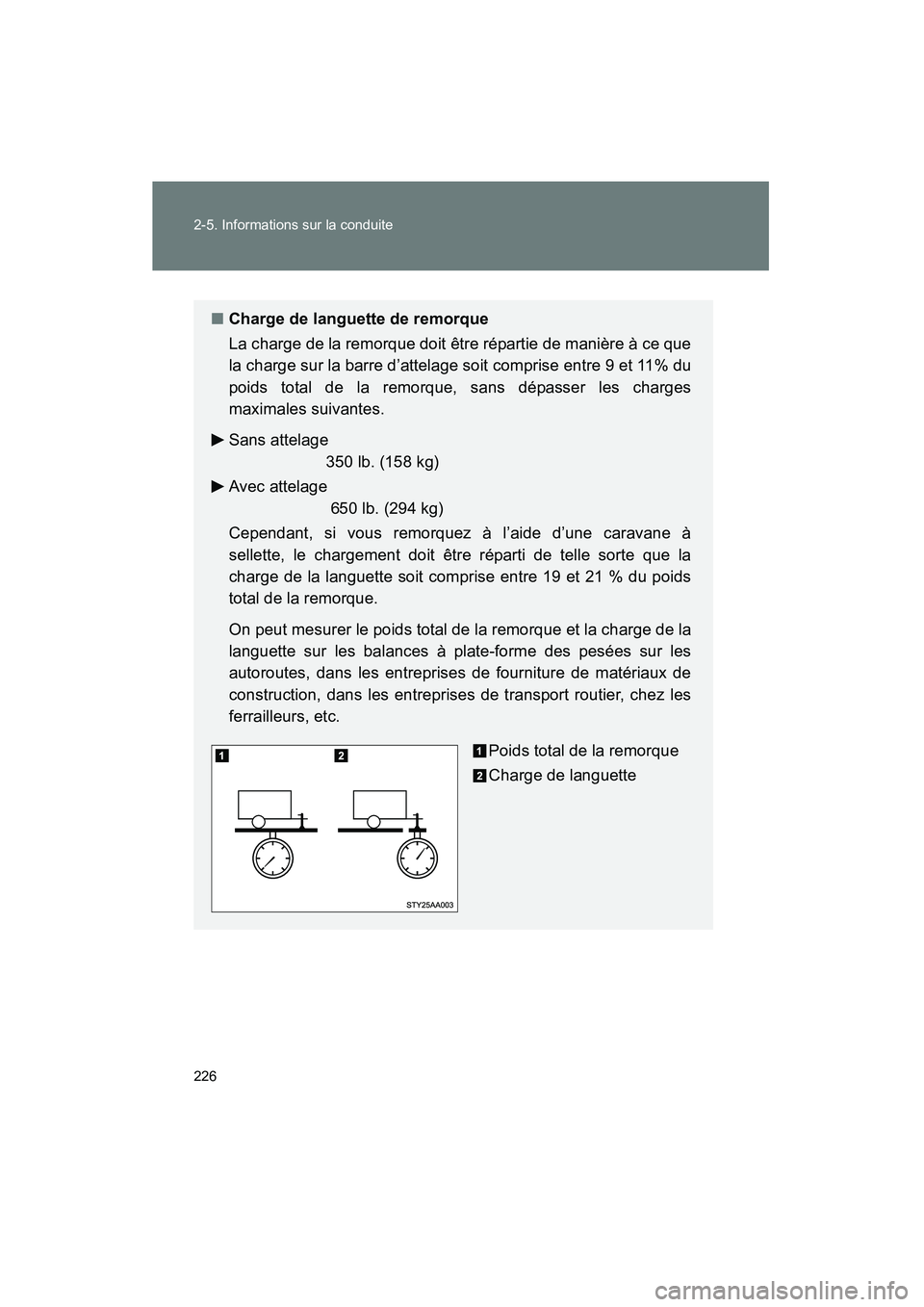 TOYOTA TACOMA 2009 Manuel du propriétaire (in French) 226 2-5. Informations sur la conduite
TACOMA_D_(L/O_0805)
■Charge de languette de remorque
La charge de la remorque doit être répartie de manière à ce que
la charge sur la barre d’attelage soi TOYOTA TACOMA 2009 Manuel du propriétaire (in French) 226 2-5. Informations sur la conduite
TACOMA_D_(L/O_0805)
■Charge de languette de remorque
La charge de la remorque doit être répartie de manière à ce que
la charge sur la barre d’attelage soi