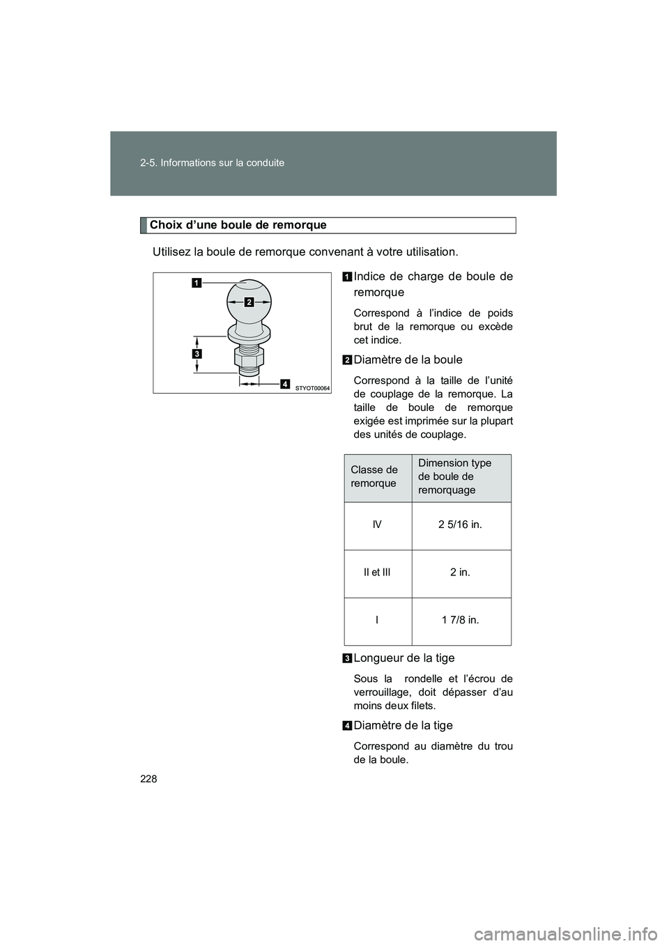TOYOTA TACOMA 2009 Manuel du propriétaire (in French) 228 2-5. Informations sur la conduite
TACOMA_D_(L/O_0805)
Choix d’une boule de remorqueUtilisez la boule de remorque convenant à votre utilisation. Indice de charge de boule de
remorque
Correspond TOYOTA TACOMA 2009 Manuel du propriétaire (in French) 228 2-5. Informations sur la conduite
TACOMA_D_(L/O_0805)
Choix d’une boule de remorqueUtilisez la boule de remorque convenant à votre utilisation. Indice de charge de boule de
remorque
Correspond
