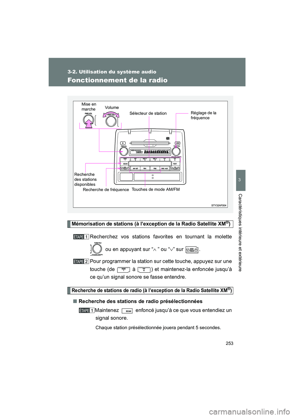 TOYOTA TACOMA 2009 Manuel du propriétaire (in French) 253
3-2. Utilisation du système audio
3
Caractéristiques intérieure et extérieure
TACOMA_D_(L/O_0805)
Fonctionnement de la radio
Mémorisation de stations (à l’exception de la Radio Satellite X TOYOTA TACOMA 2009 Manuel du propriétaire (in French) 253
3-2. Utilisation du système audio
3
Caractéristiques intérieure et extérieure
TACOMA_D_(L/O_0805)
Fonctionnement de la radio
Mémorisation de stations (à l’exception de la Radio Satellite X