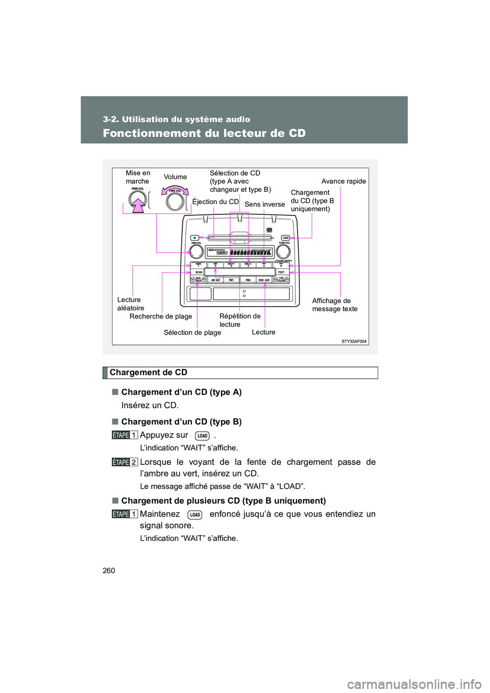 TOYOTA TACOMA 2009 Manuel du propriétaire (in French) 260
3-2. Utilisation du système audio
TACOMA_D_(L/O_0805)
Fonctionnement du lecteur de CD
Chargement de CD■ Chargement d’un CD (type A)
Insérez un CD.
■ Chargement d’un CD (type B)
Appuyez s TOYOTA TACOMA 2009 Manuel du propriétaire (in French) 260
3-2. Utilisation du système audio
TACOMA_D_(L/O_0805)
Fonctionnement du lecteur de CD
Chargement de CD■ Chargement d’un CD (type A)
Insérez un CD.
■ Chargement d’un CD (type B)
Appuyez s