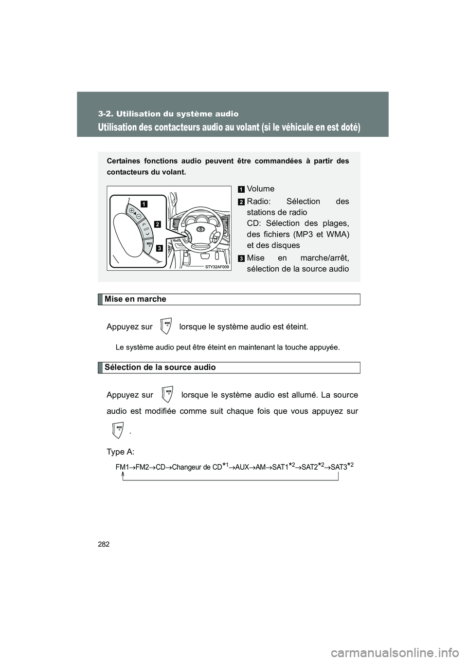 TOYOTA TACOMA 2009 Manuel du propriétaire (in French) 282
3-2. Utilisation du système audio
TACOMA_D_(L/O_0805)
Utilisation des contacteurs audio au volant (si le véhicule en est doté)
Mise en marcheAppuyez sur lorsque le système audio est éteint. TOYOTA TACOMA 2009 Manuel du propriétaire (in French) 282
3-2. Utilisation du système audio
TACOMA_D_(L/O_0805)
Utilisation des contacteurs audio au volant (si le véhicule en est doté)
Mise en marcheAppuyez sur lorsque le système audio est éteint.